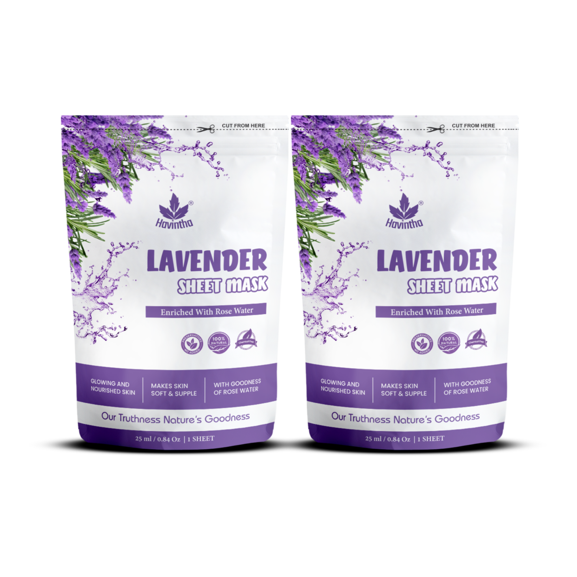 Havintha Lavender Face Sheet Mask For Glowing Skin | Facial Sheet Mask For Intense Hydration & Moisturizing Vitamin C Sheet Mask ( Pack of 2 )