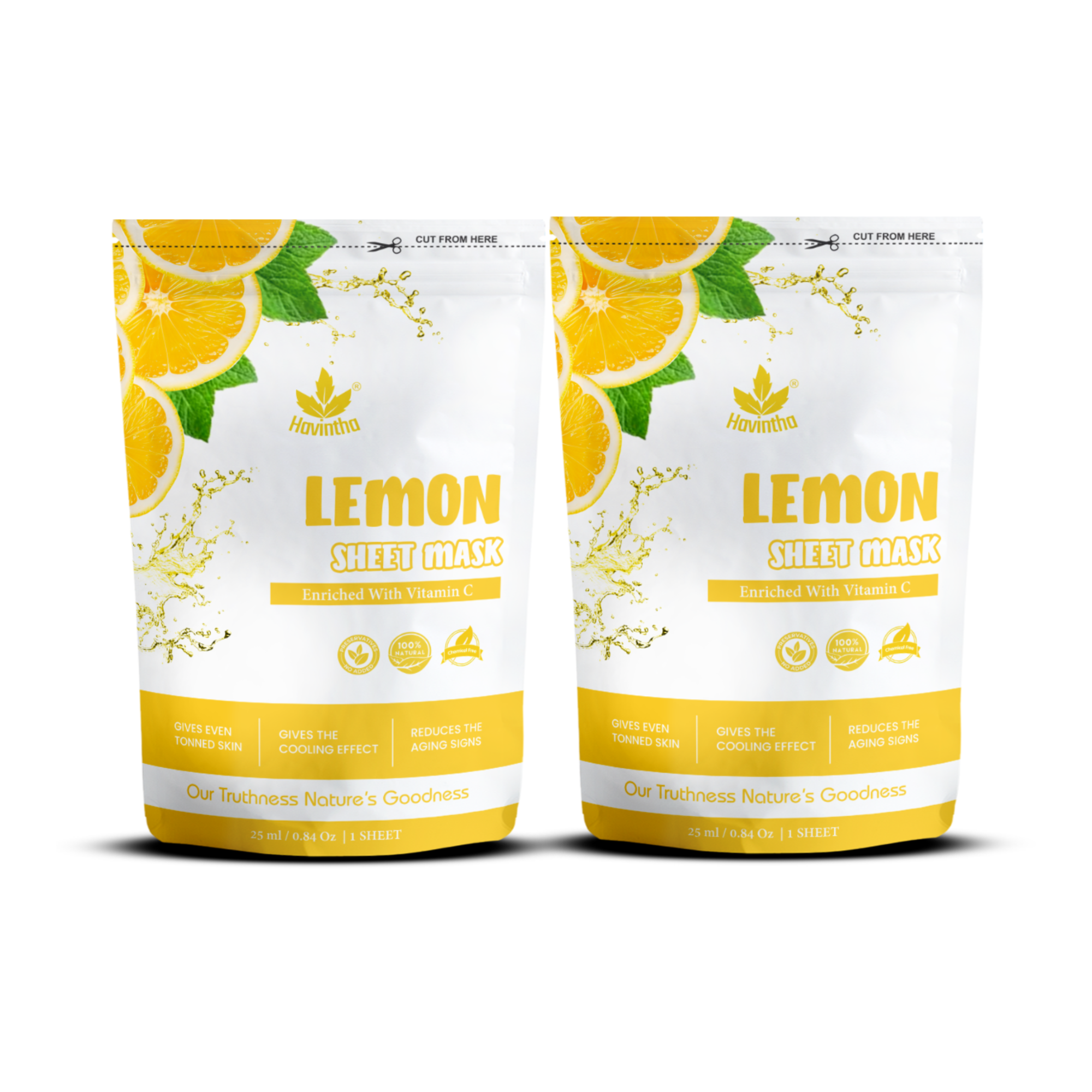 Havintha Lemon Face Sheet Mask for Glowing Skin | 100% Natural Nourishing & Moisturizing Facial Mask | Instantly Soothes Skin Facial Mask ( Pack of 2)