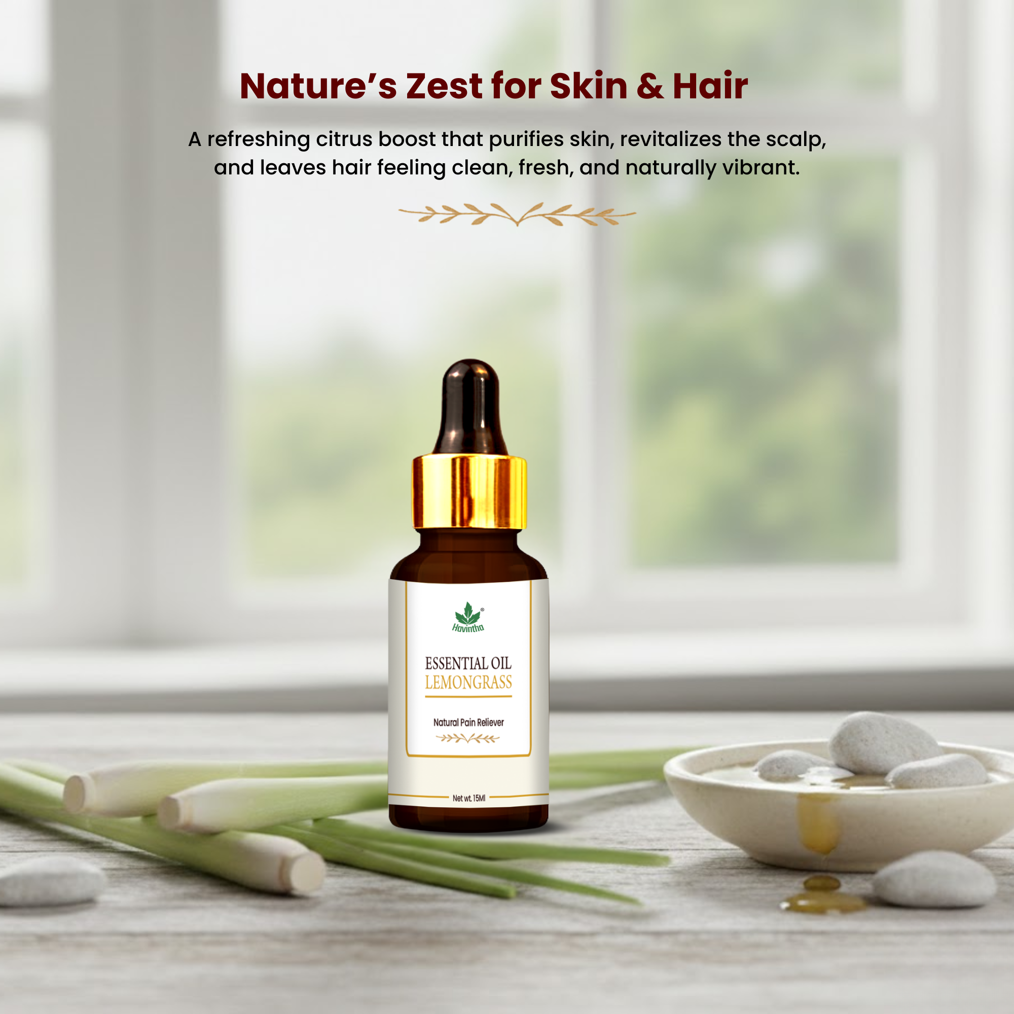 Havintha Lemongrass Essential Oil for Skin Health and Stress Reliever - Pure and Organic Product - 15 ml.