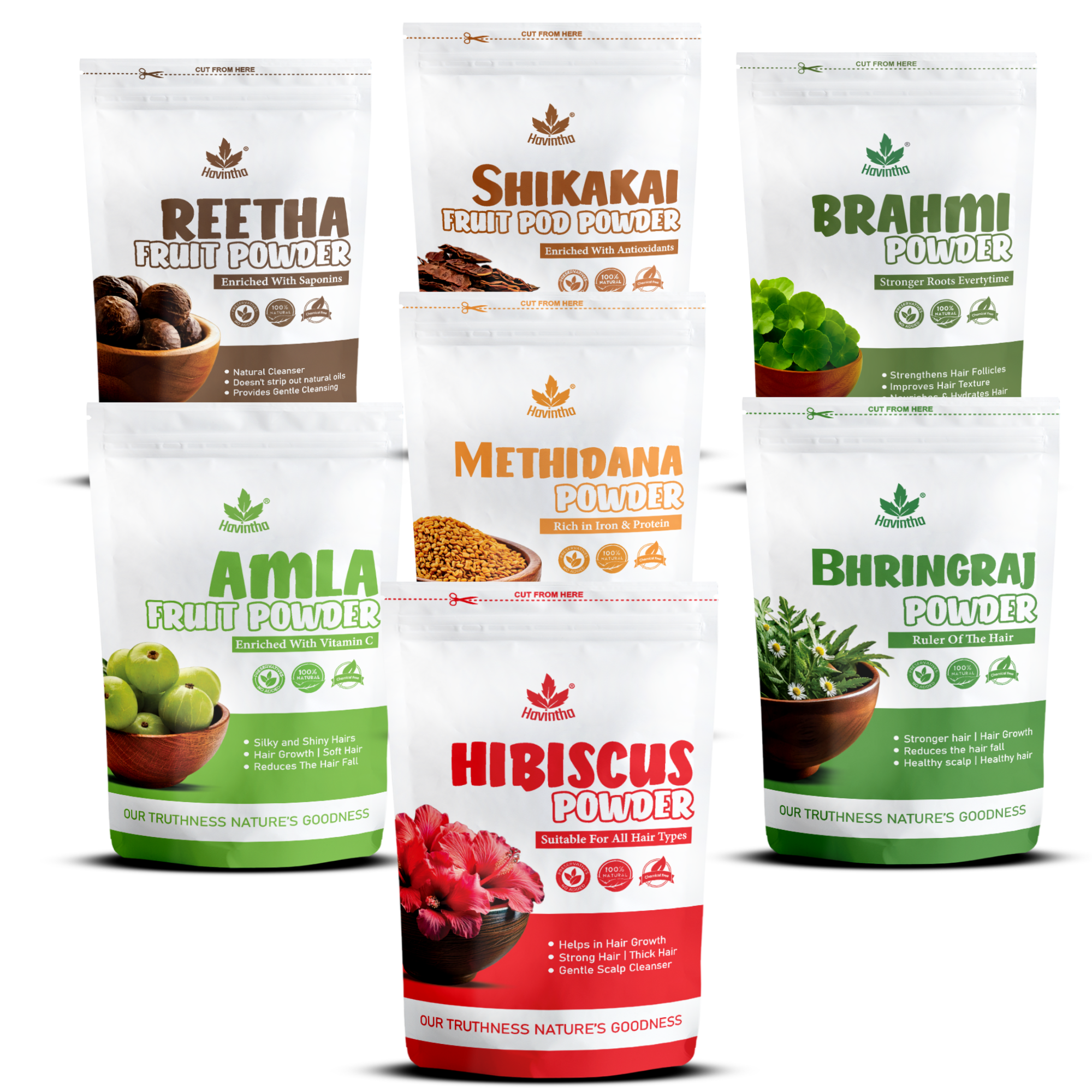 Havintha Amla Reetha Shikakai Methidana Hibiscus Bhringraj & Brahmi Powder - each 100 Grams (Combo pack of 7)