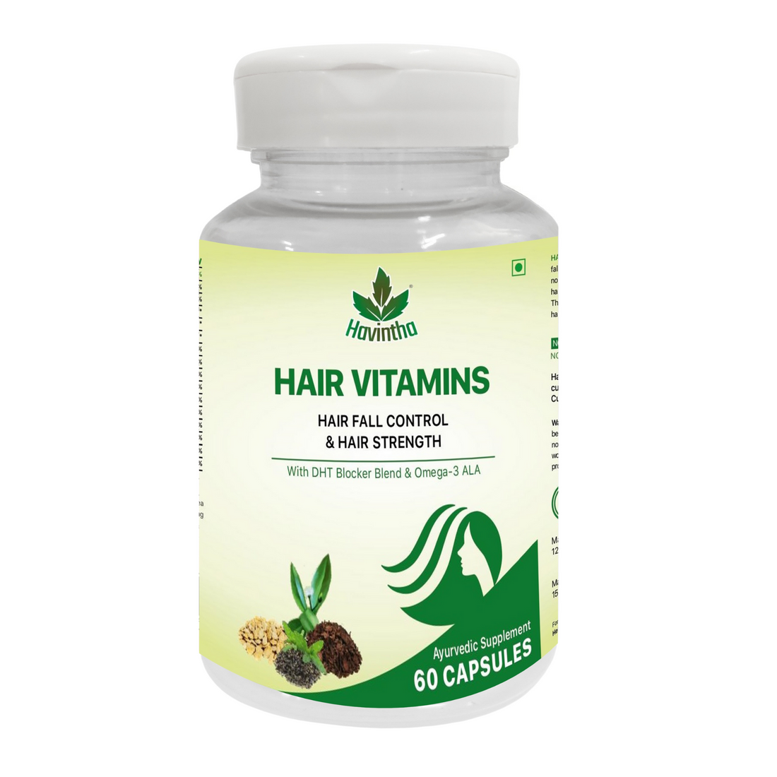 Havintha Plant Based Hair Vitamins Supplement with DHT Blocker, Hair Vitamin Blend, Omega 3 ALA &amp; Pine Bark Extract for Control Hair Fall - 60 Capsules