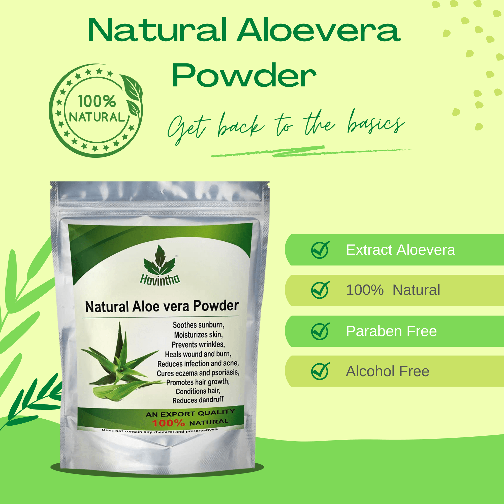 Havintha Natural Aloevera Powder for Hair Growth, Face Wash - 227 grams