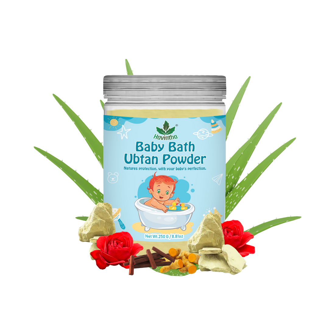 Havintha Natural Baby Bath Powder | Baby Bath Ubtan Powder | For Baby Glowing Skin | 250 Grams (JAR)