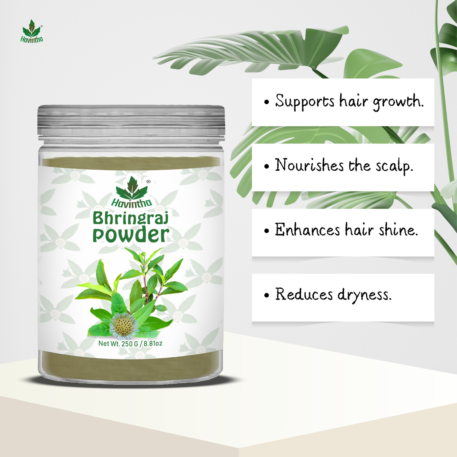 Havintha Natural Bhringraj Powder | For Strong &amp; Silky Hair | 250 Grams (JAR)