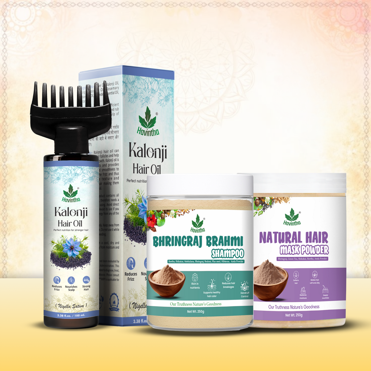 Natural Bhringraj & Brahmi Powder Shampoo (250g) | Havintha Natural Kalonji Hair Oil (100ml) & Havintha Natural Hair Mask (250g)
