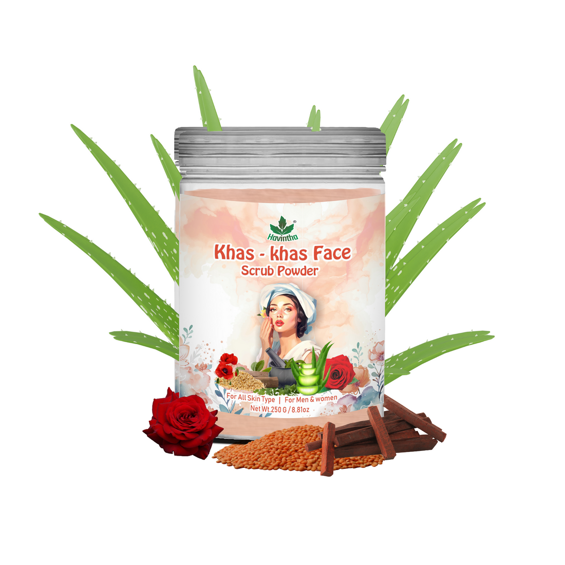 Havintha Natural  Face Scrub Powder | Khas-Khas Face Scrub | For Glowing Skin | 250 Grams (JAR)