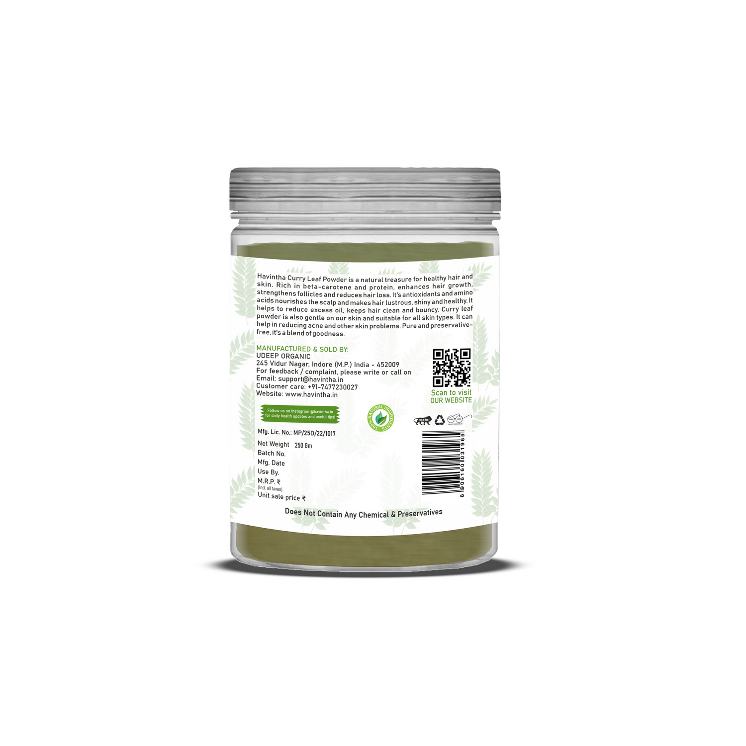 Havintha Curry Leaves Powder | For Strong &amp; Healthy Hair |  250 Grams (JAR)