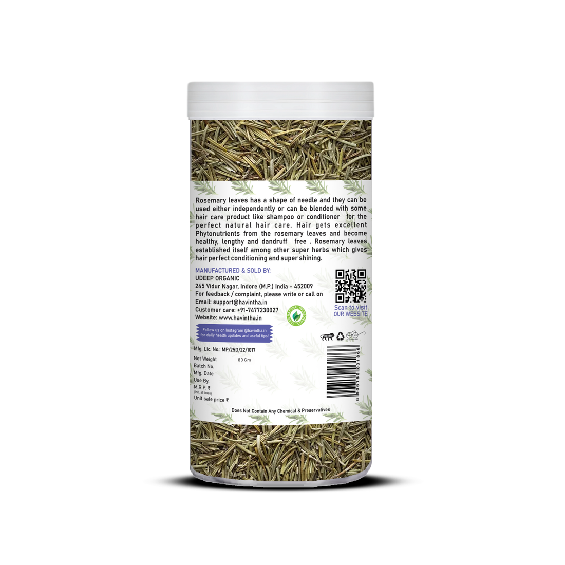 Havintha Natural Whole Rosemary Leaves | Rosemary Dried Leaves For Hair Growth | Edible Quality - JAR - 80g