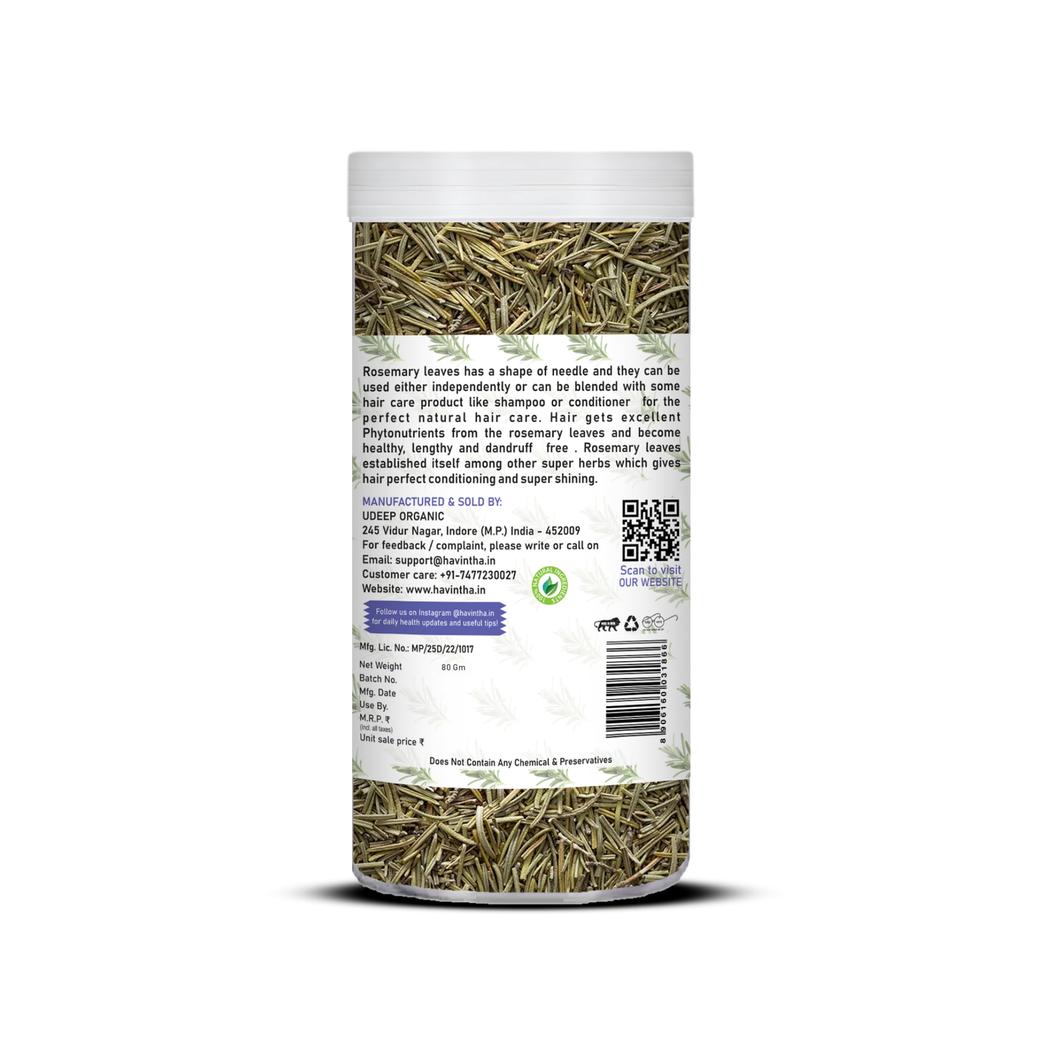 Havintha Natural Whole Rosemary Leaves | Rosemary Dried Leaves For Hair Growth | Edible Quality - JAR - 80g