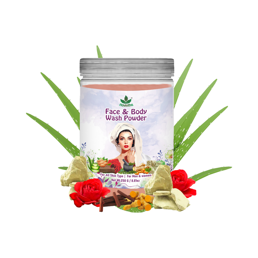 Havintha Natural Face &amp; Body Wash Powder | For Glowing &amp; Shiny Skin | 250 Grams (JAR)