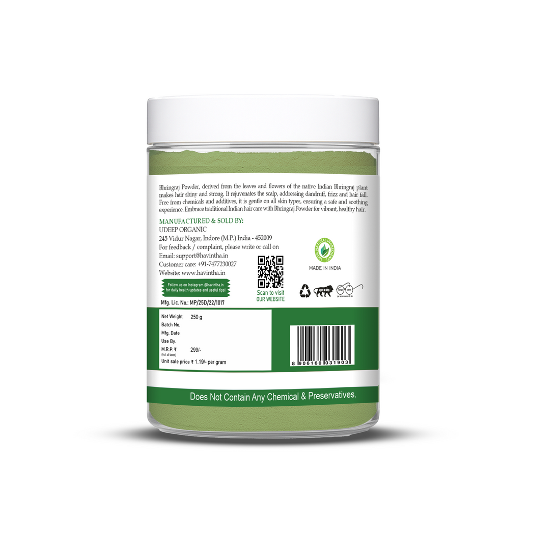 Havintha Natural Bhringraj Powder | For Strong &amp; Silky Hair | 250 Grams (JAR)