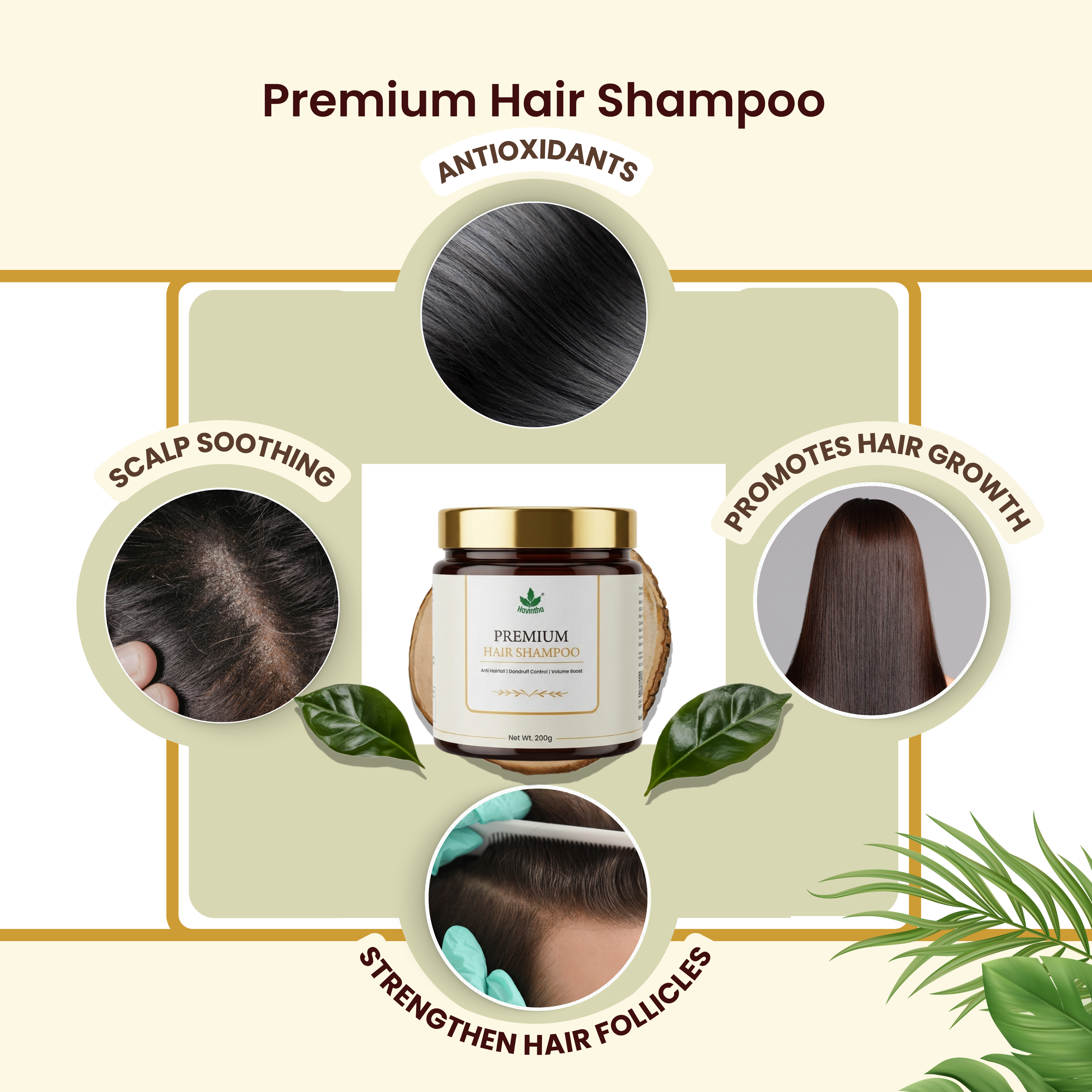 Havintha Premium Herbal Hair Shampoo 200g | Anti Hair Fall &amp; Anti Dandruff | Sulfate-Free Foaming Shampoo with Shikakai, Aloe Vera, Methi &amp; Spirulina for Strong, Thick &amp; Healthy Hair