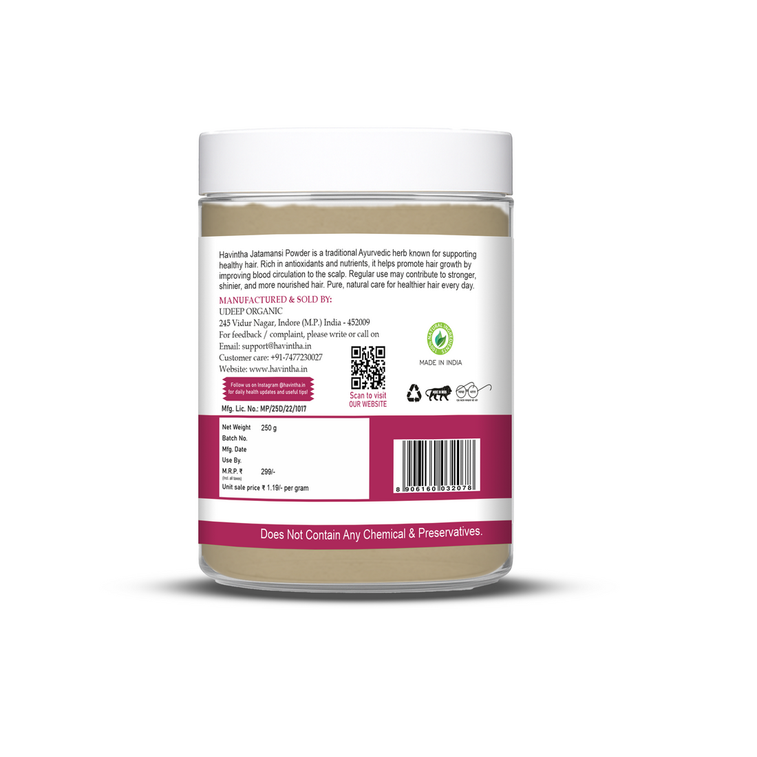 Havintha Natural Jatamansi Powder | For Strong Hair | 250 Grams (JAR)