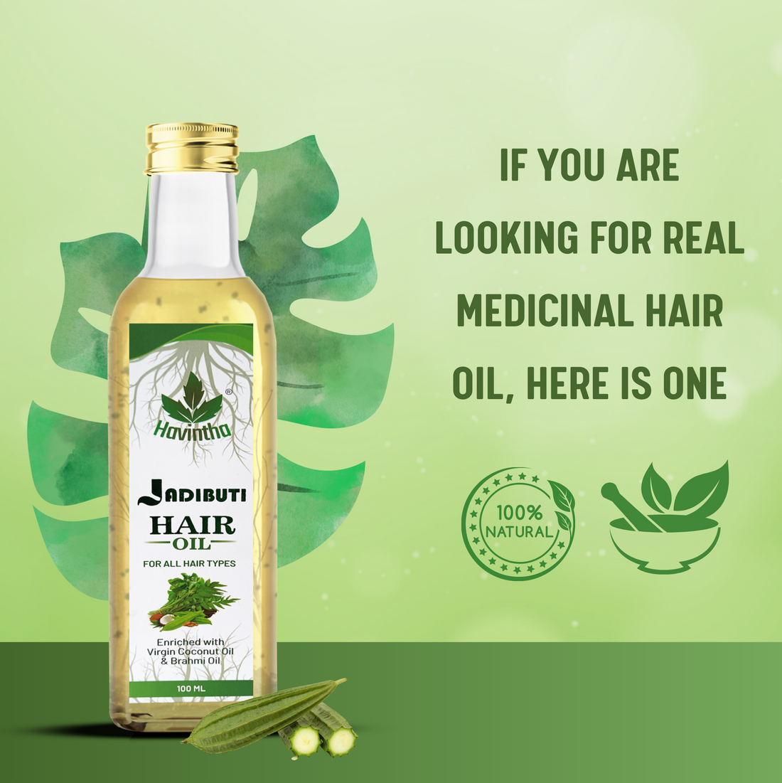 Havintha Natural Jadibuti Hair Oil For Hair Growth And Hair Fall Control With Tea Tree, Olive, Curry Leaves, Ridged Gourd, Almond, Jatamansi, Bhringraj, And Brahmi Oil - 100 ML