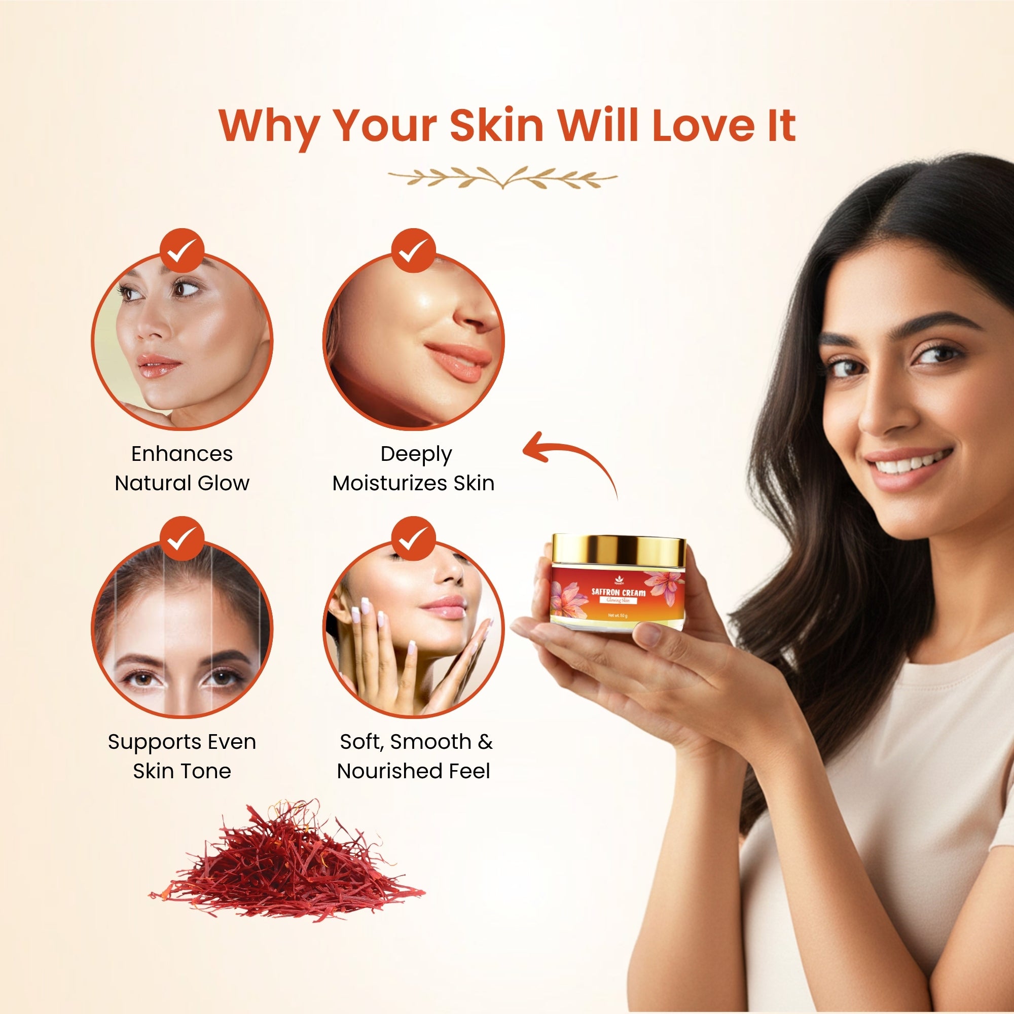 Havintha Natural Saffron Face Cream for Glow &amp; Radiance | Brightening, Dark Spot Reduction &amp; Even Skin Tone | Herbal Moisturizing Cream (50g)