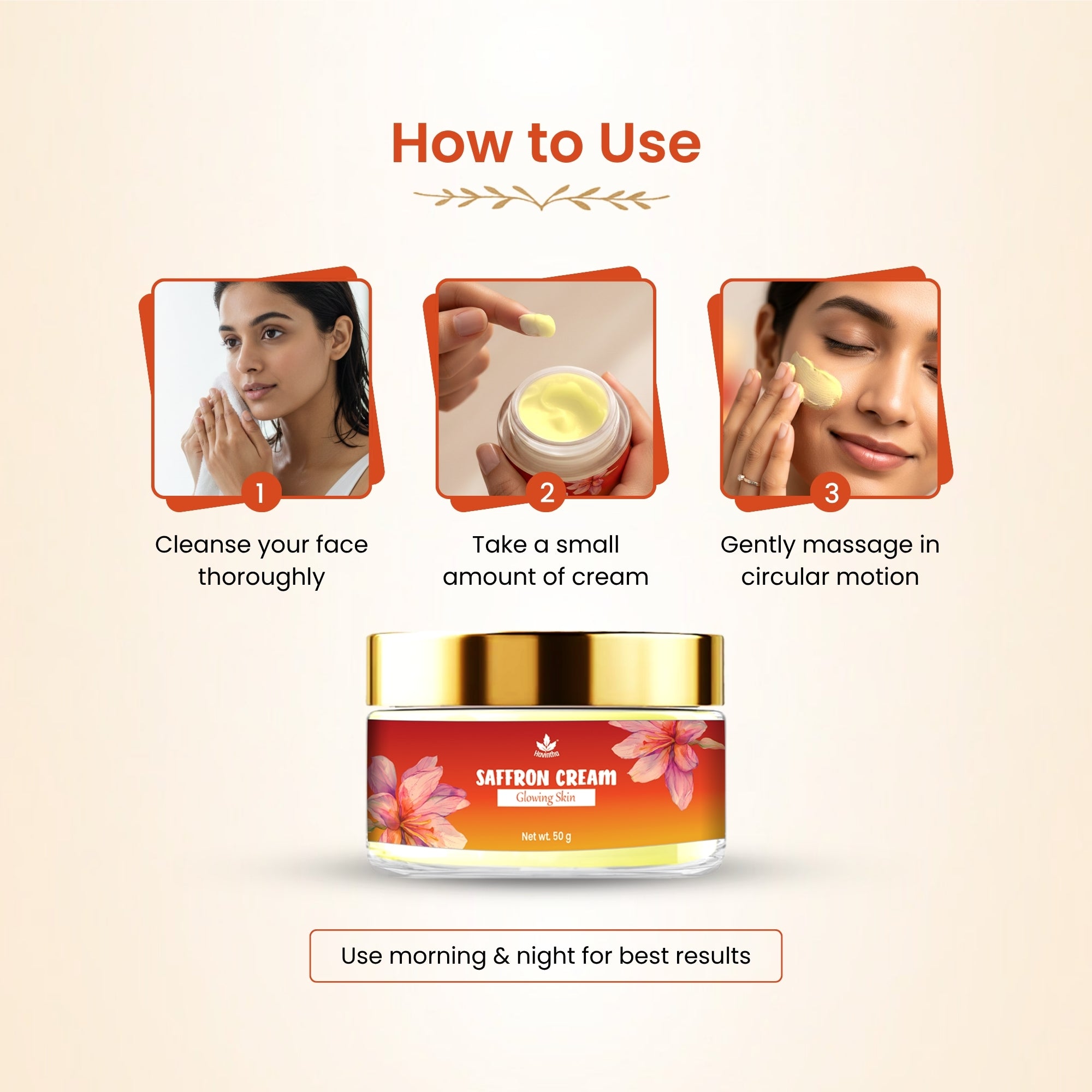 Havintha Natural Saffron Face Cream for Glow &amp; Radiance | Brightening, Dark Spot Reduction &amp; Even Skin Tone | Herbal Moisturizing Cream (50g)