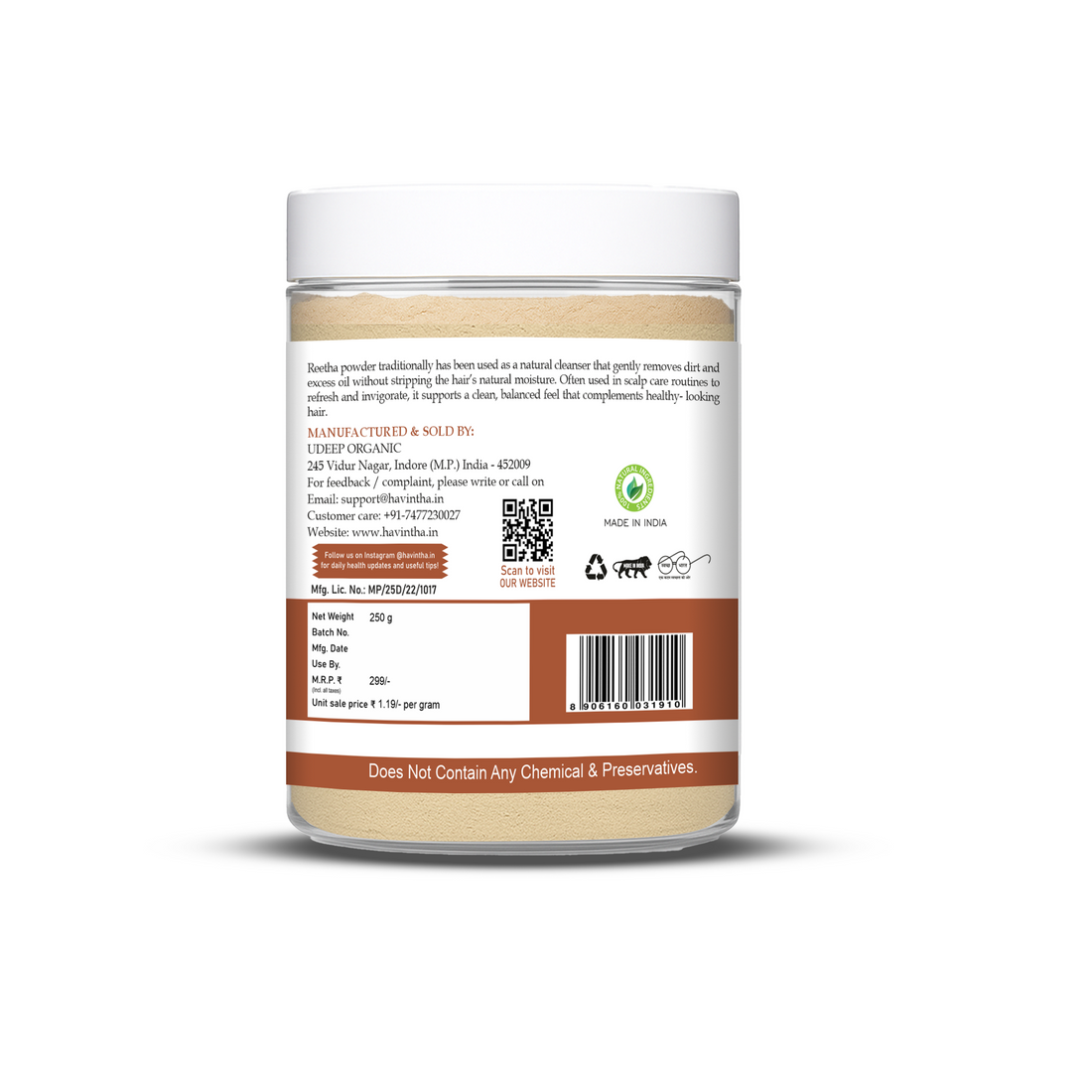 Havintha Natural Reetha Powder For Shiny Hair | Hair Care Powder | 250 Grams (JAR)