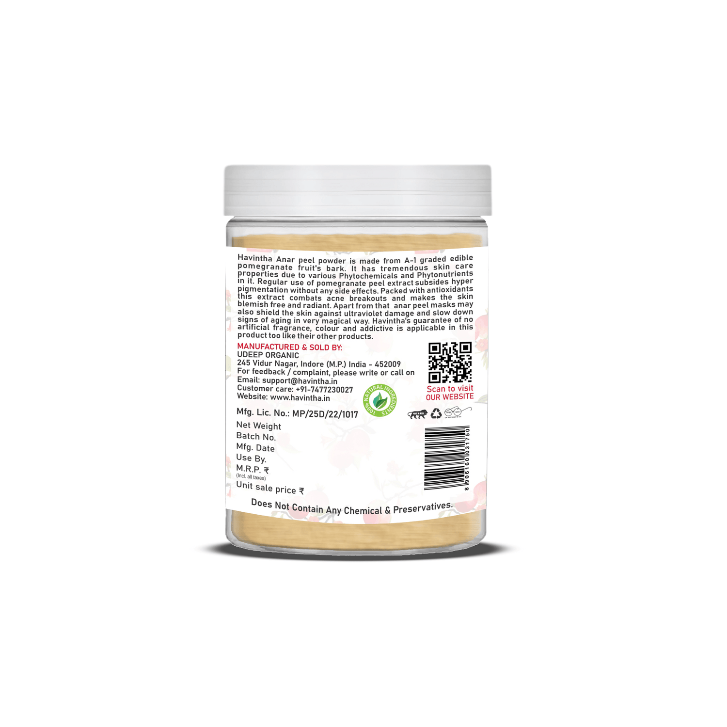 Havintha Natural Anar Peel Powder | For Glowing Skin | Herbal Skin Care | 250 Grams (JAR)