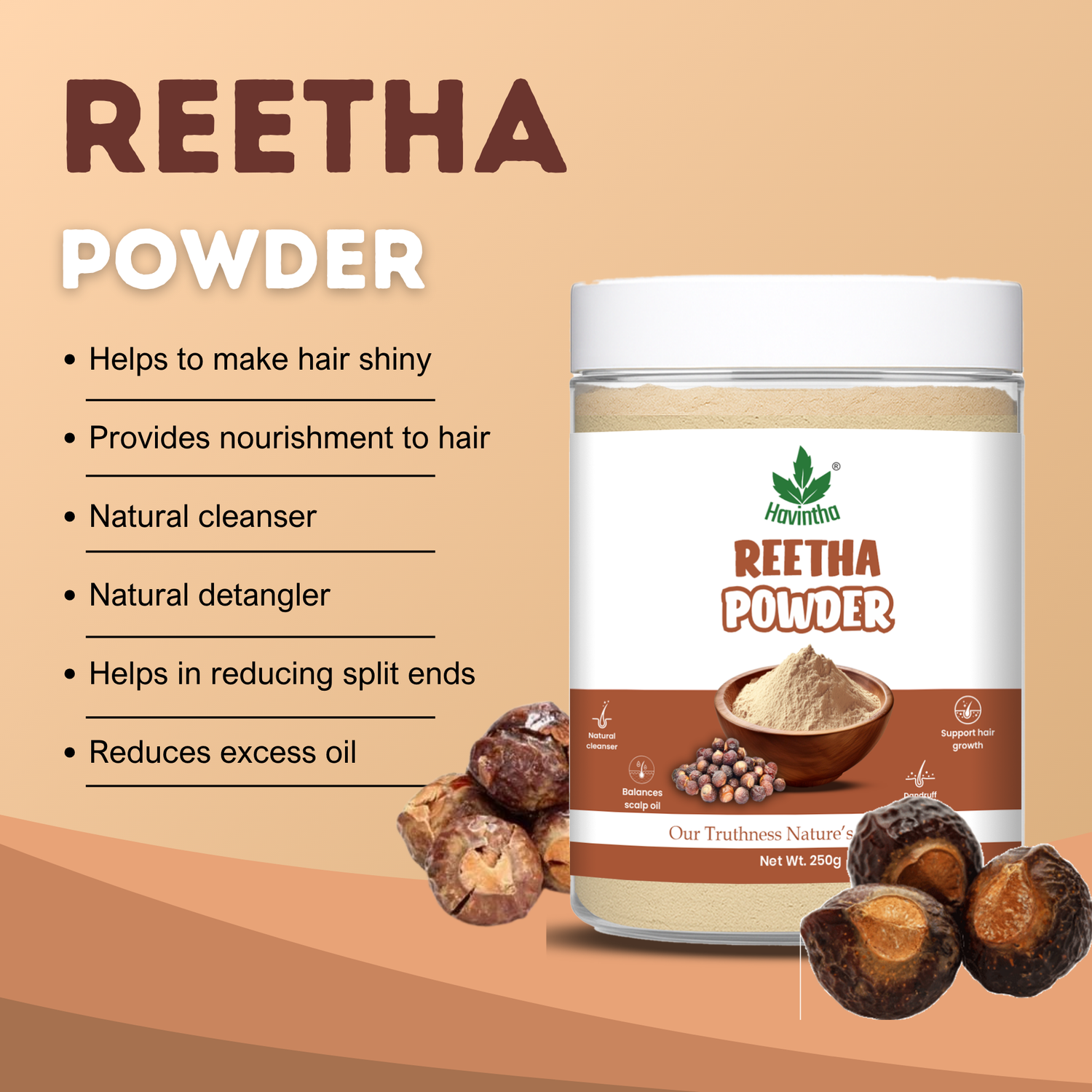 Havintha Natural Reetha Powder For Shiny Hair | Hair Care Powder | 250 Grams (JAR)