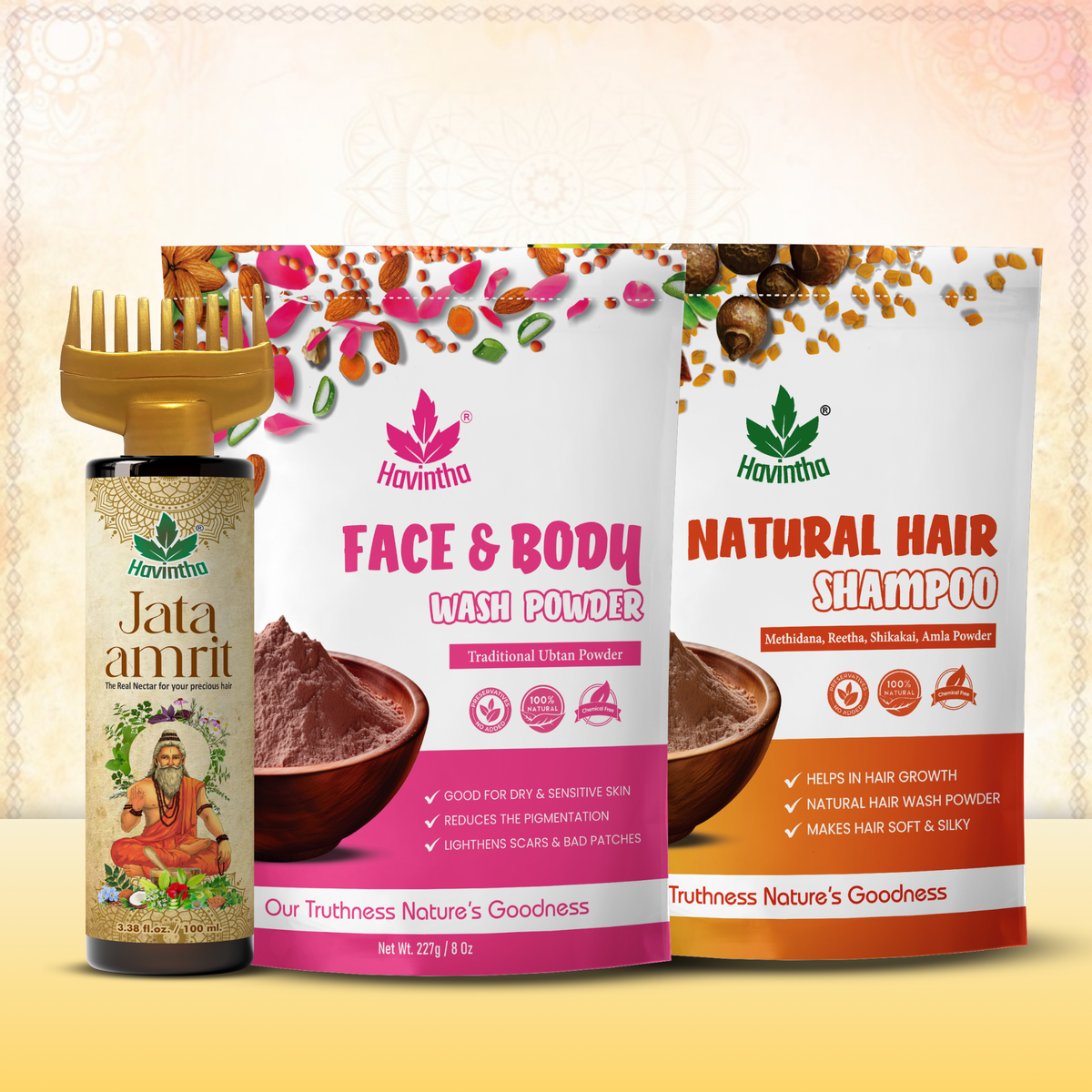 Havitha skincare products including Jata amrit, Face & Body Wash Powder, and Natural Hair Shampoo on a gradient background.