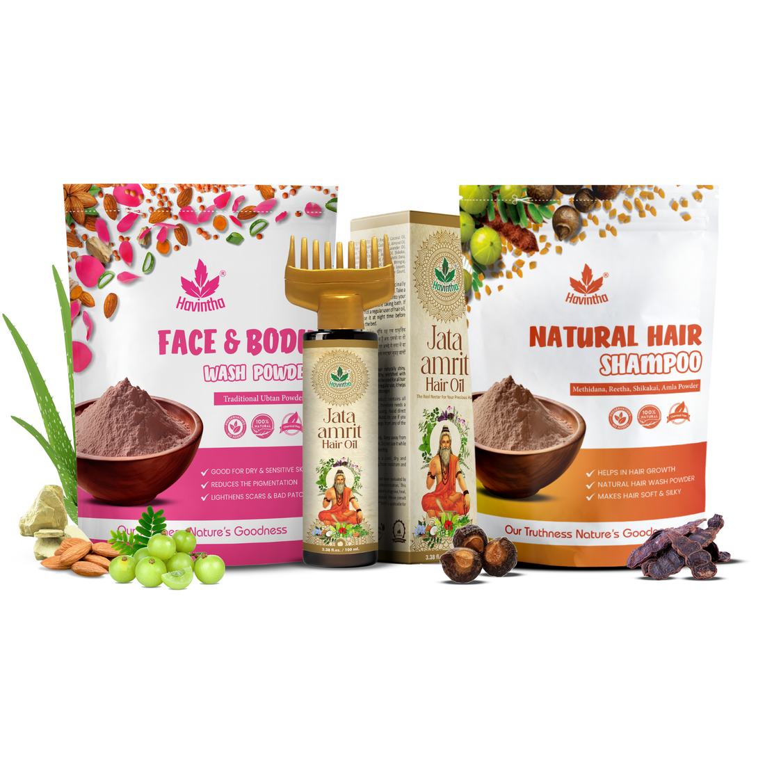 Havintha Natural Hair Shampoo (227g) for Reduce Hair Loss, Jata Amrit Hair Oil (100ml) for Hair Growth, And Face Body Wash Ubtan Powder (227g) for Skin Care