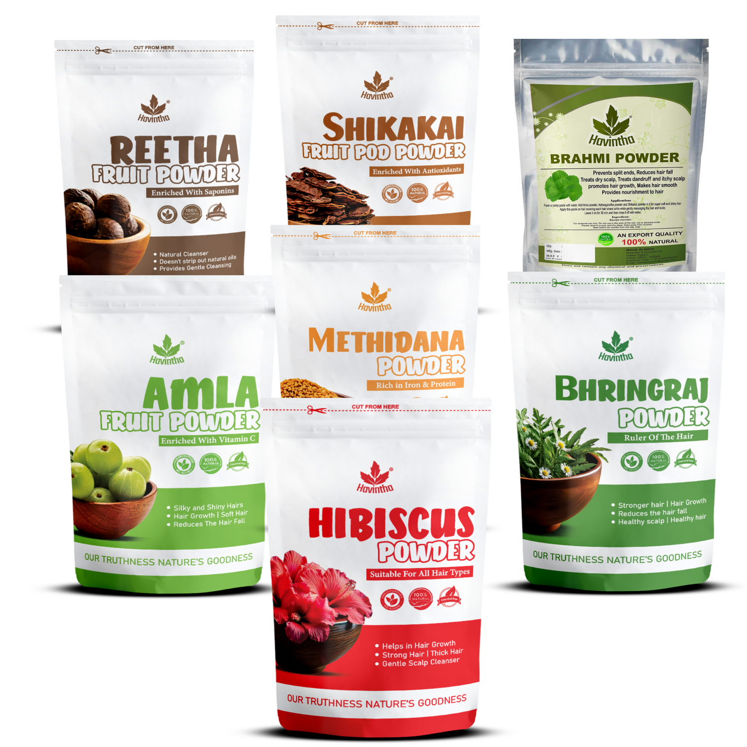Havintha Amla Reetha Shikakai Methidana Hibiscus Bhringraj &amp; Brahmi Powder - each 100 Grams (Combo pack of 7)