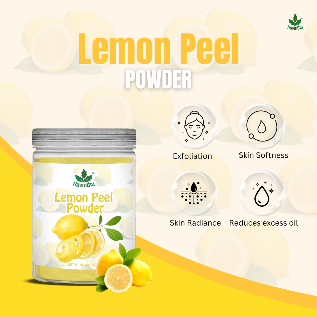 Havintha Natural Lemon Peel Powder | For Brighter Skin | Remove Dark Circles | 250 Grams (JAR)