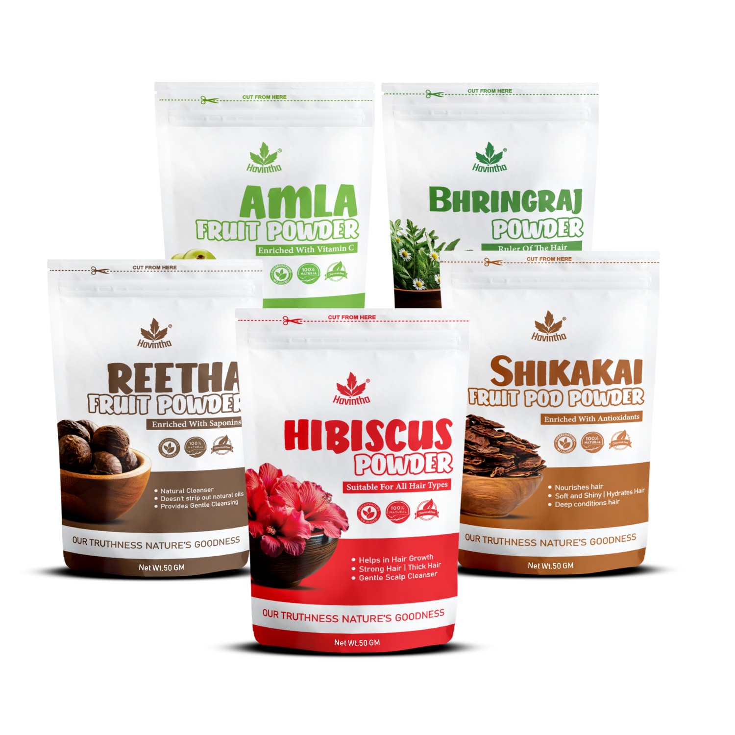 Havintha Amla, Reetha, Shikakai, Bhringraj and Hibiscus powder for Hair care (each 50 gram )