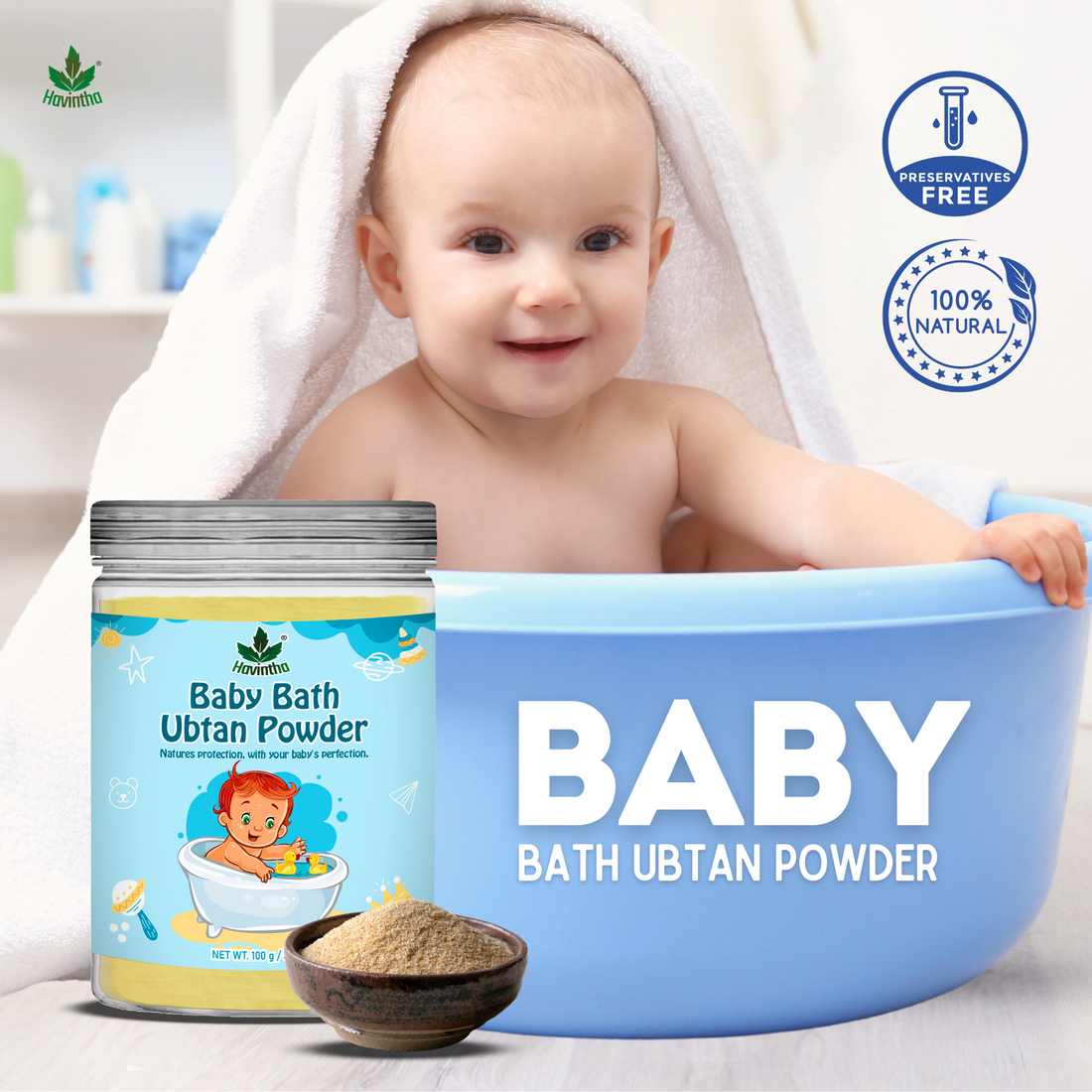 Havintha Natural Baby Bath Powder | Baby Bath Ubtan Powder | For Baby Glowing Skin | 250 Grams (JAR)