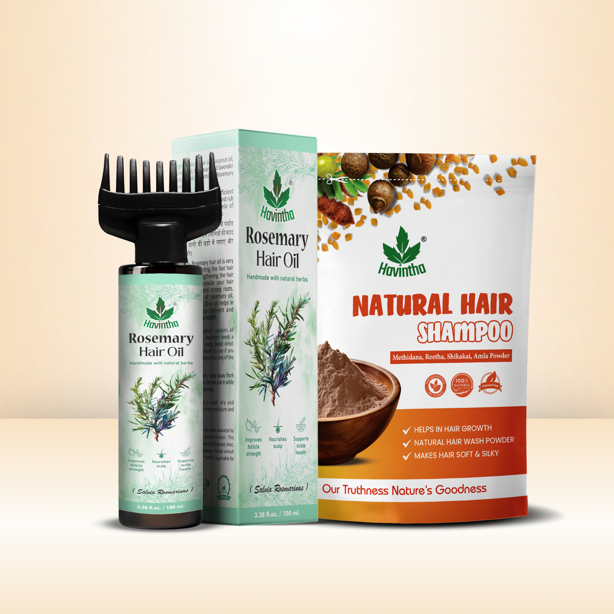 Havintha hair care products, including hair oil, shampoo, and hair wash powder