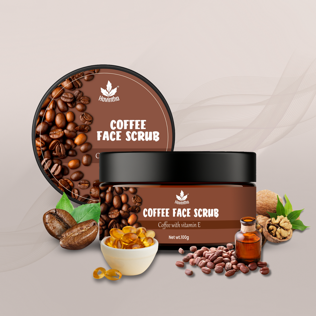 Havintha Coffee Face Scrub | Natural Exfoliator for Glowing Skin, Acne, Cellulite &amp; Stretch Marks | With Vitamin E, Jojoba Oil &amp; Kaolin Clay | Gentle, Skin-Brightening Formula – 100gm