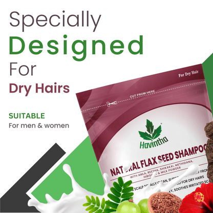 Havintha Natural Flaxseed Shampoo with Amla Reetha Shikakai Methidana Hibiscus and Milk Powder for Dry Hair - 227gm