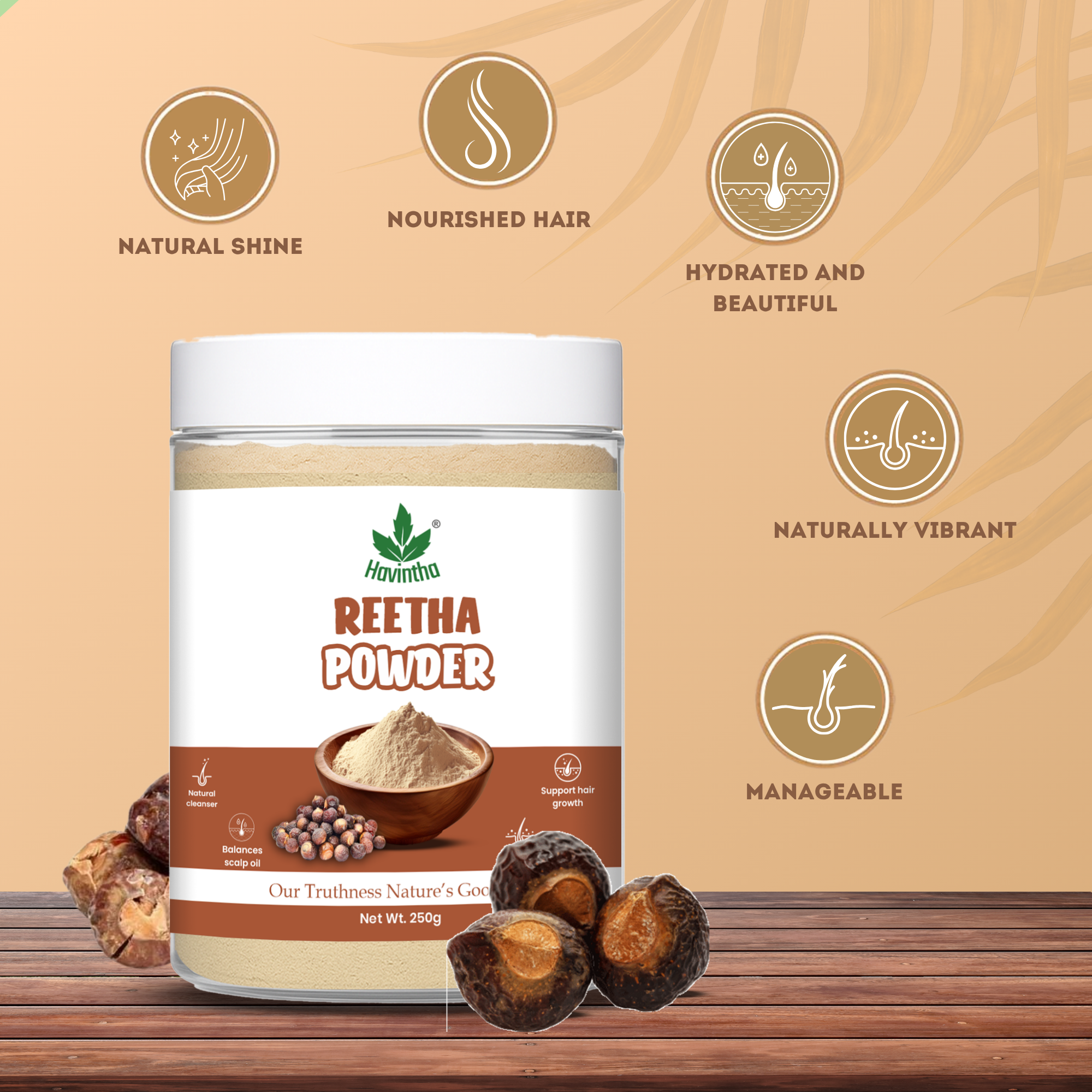 Havintha Natural Reetha Powder For Shiny Hair | Hair Care Powder | 250 Grams (JAR)