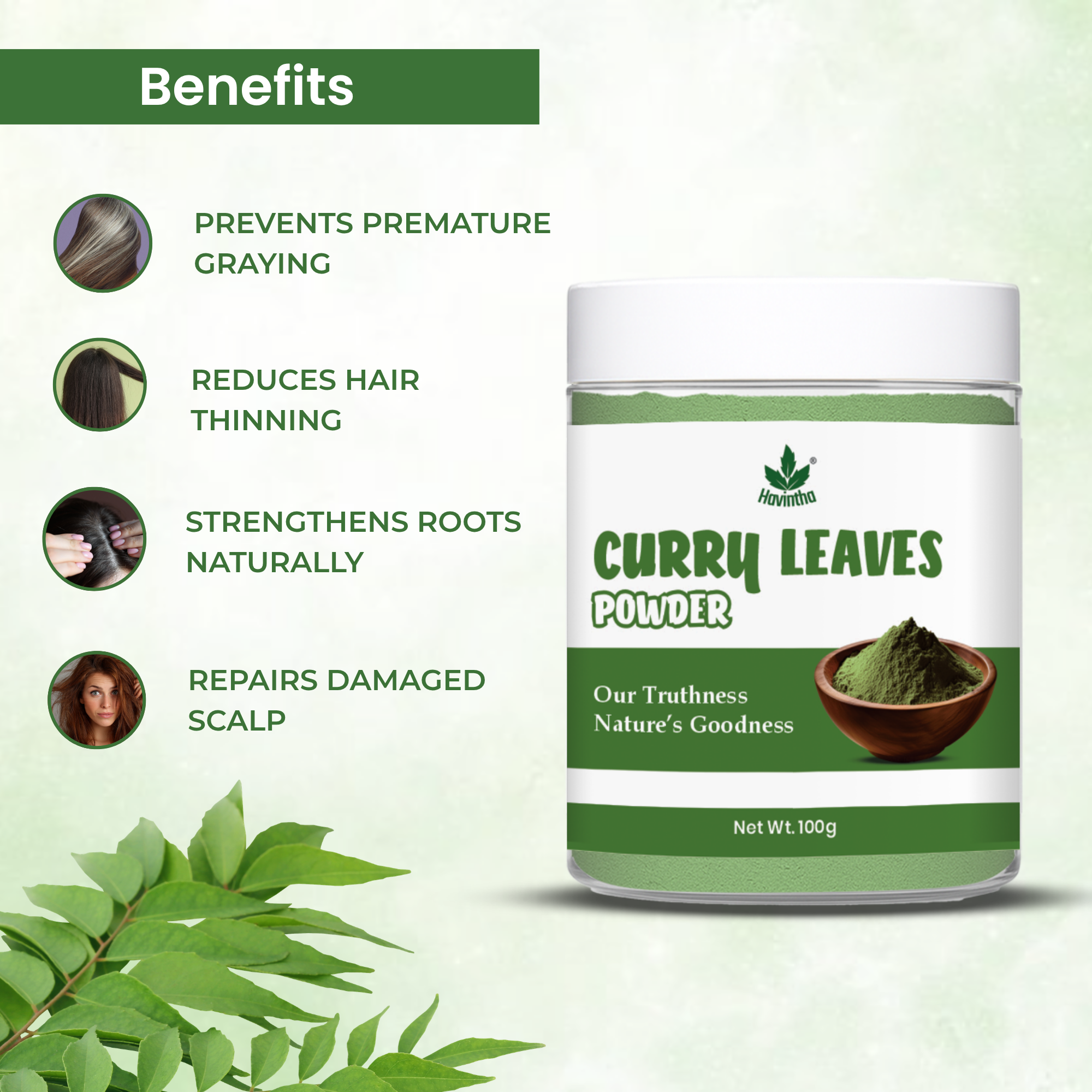 Havintha Curry Leaves Powder 100gm | Pure Murraya Koenigii Powder for Healthy Hair Growth &amp; Hair Strength