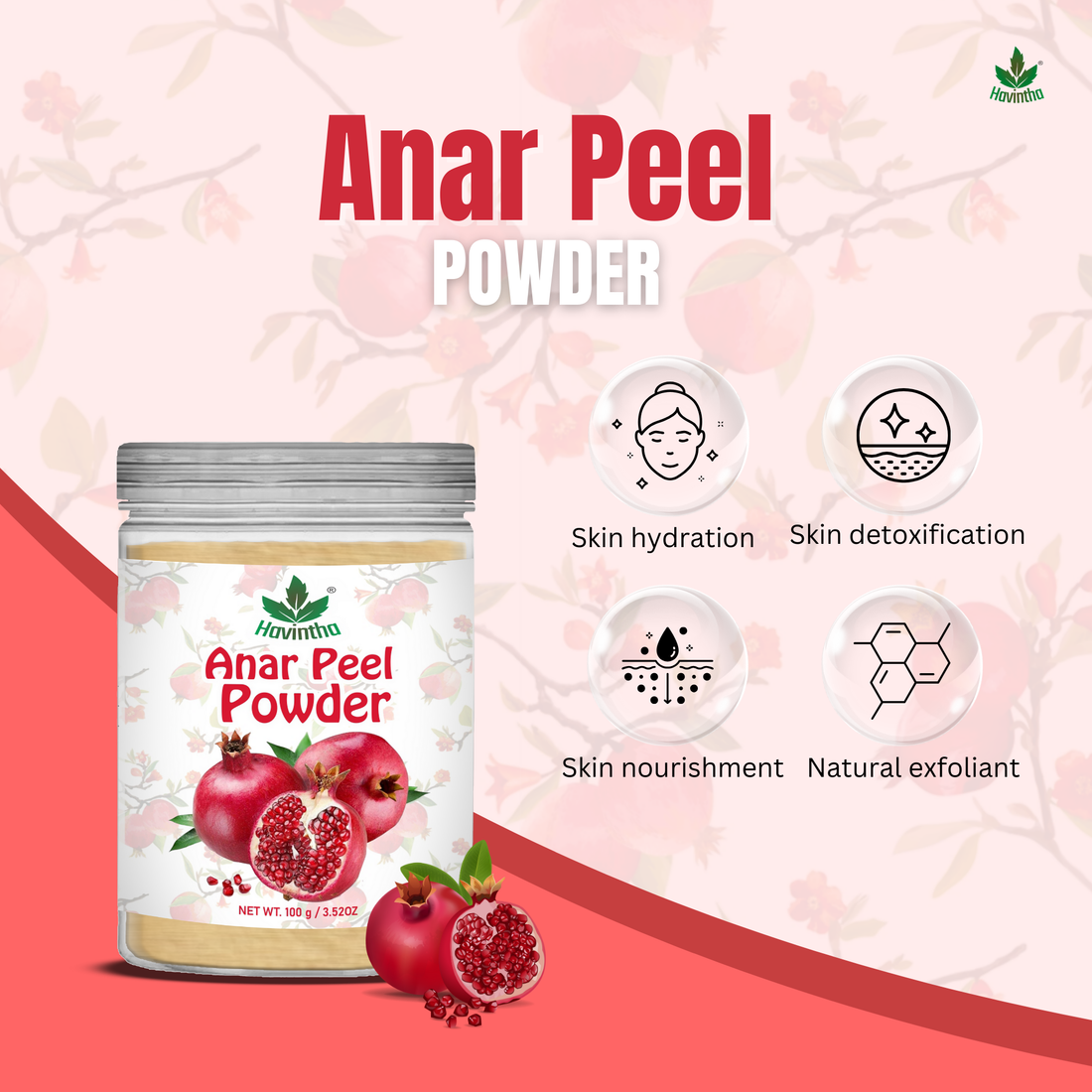 Havintha Natural Anar Peel Powder | For Glowing Skin | Herbal Skin Care | 250 Grams (JAR)