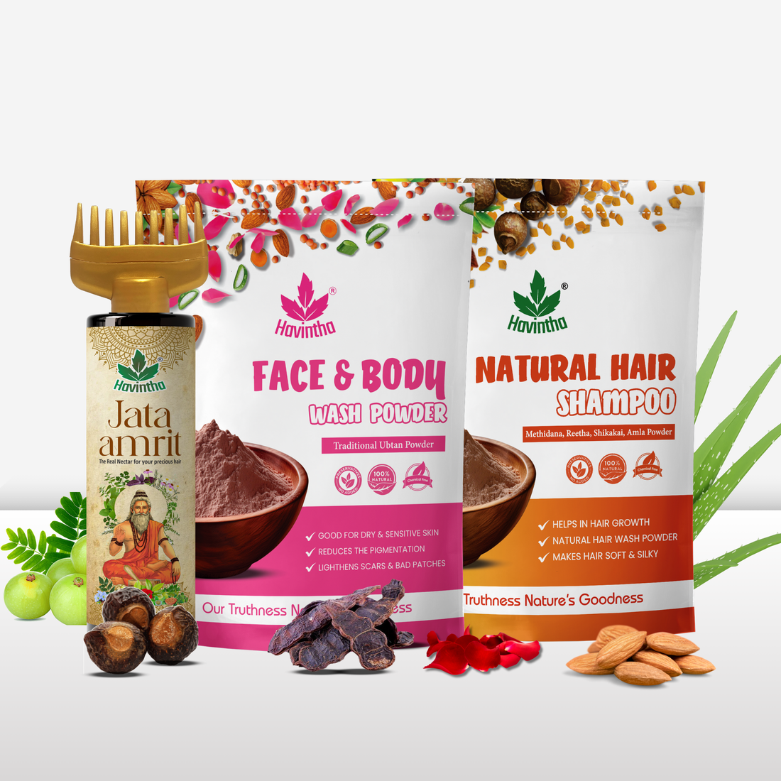 Havintha Natural Hair Shampoo (227g) | Jata Amrit Hair Oil (100ml) &amp; Face Body Wash Ubtan Powder (227g)