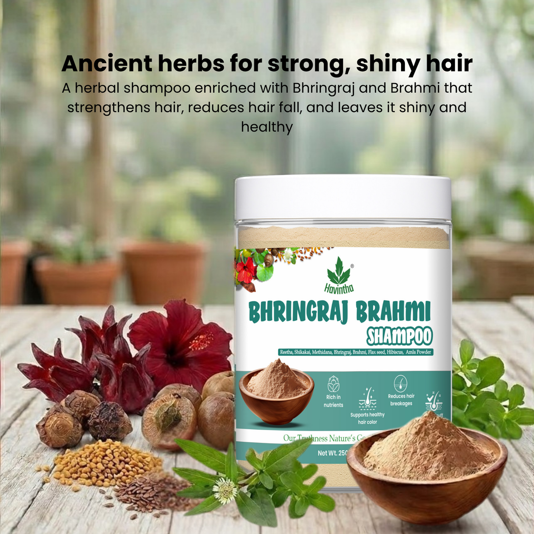 Natural Bhringraj and Brahmi Powder Shampoo | Fights Dandruff &amp; Deeply Moisturizes Hair | Men &amp; Women (250g)
