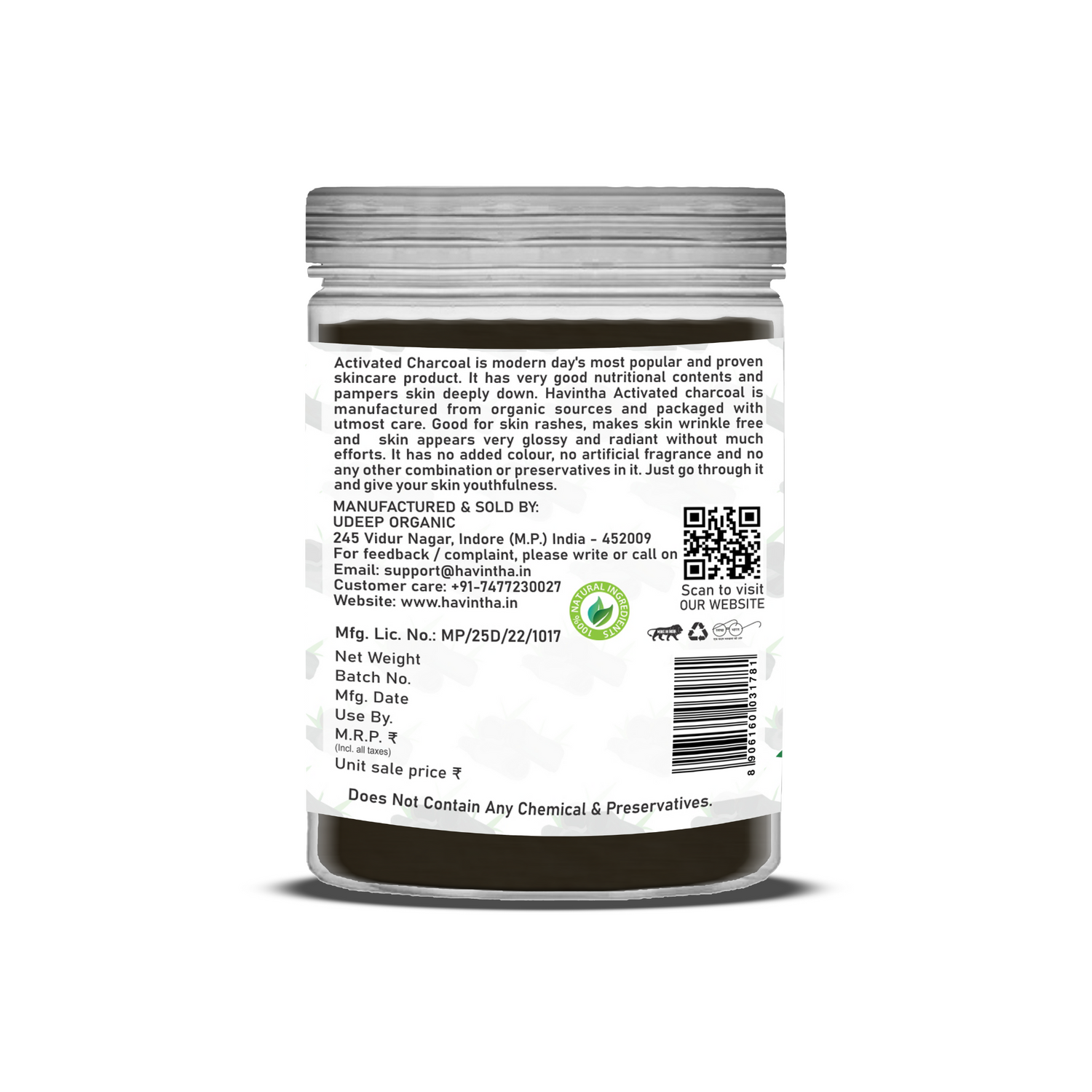 Havintha Activated Charcoal Powder | 100% Natural for Face &amp; Body | 250 Grams (JAR)