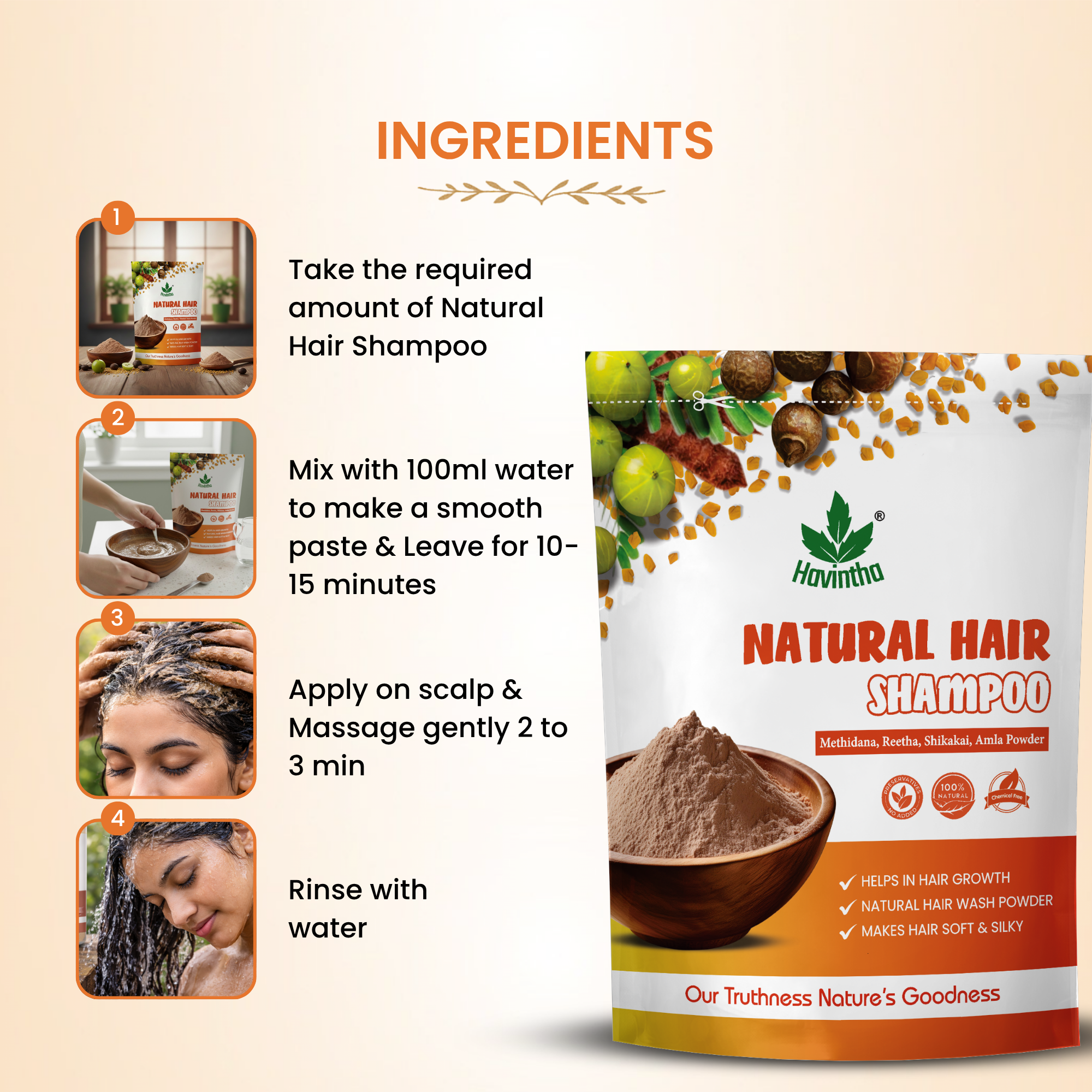 Natural Hair Shampoo with Methi Dana, Amla, Reetha &amp; Shikakai – Fights Hair Fall &amp; Promotes New Hair Growth |Men &amp; Women (227g)