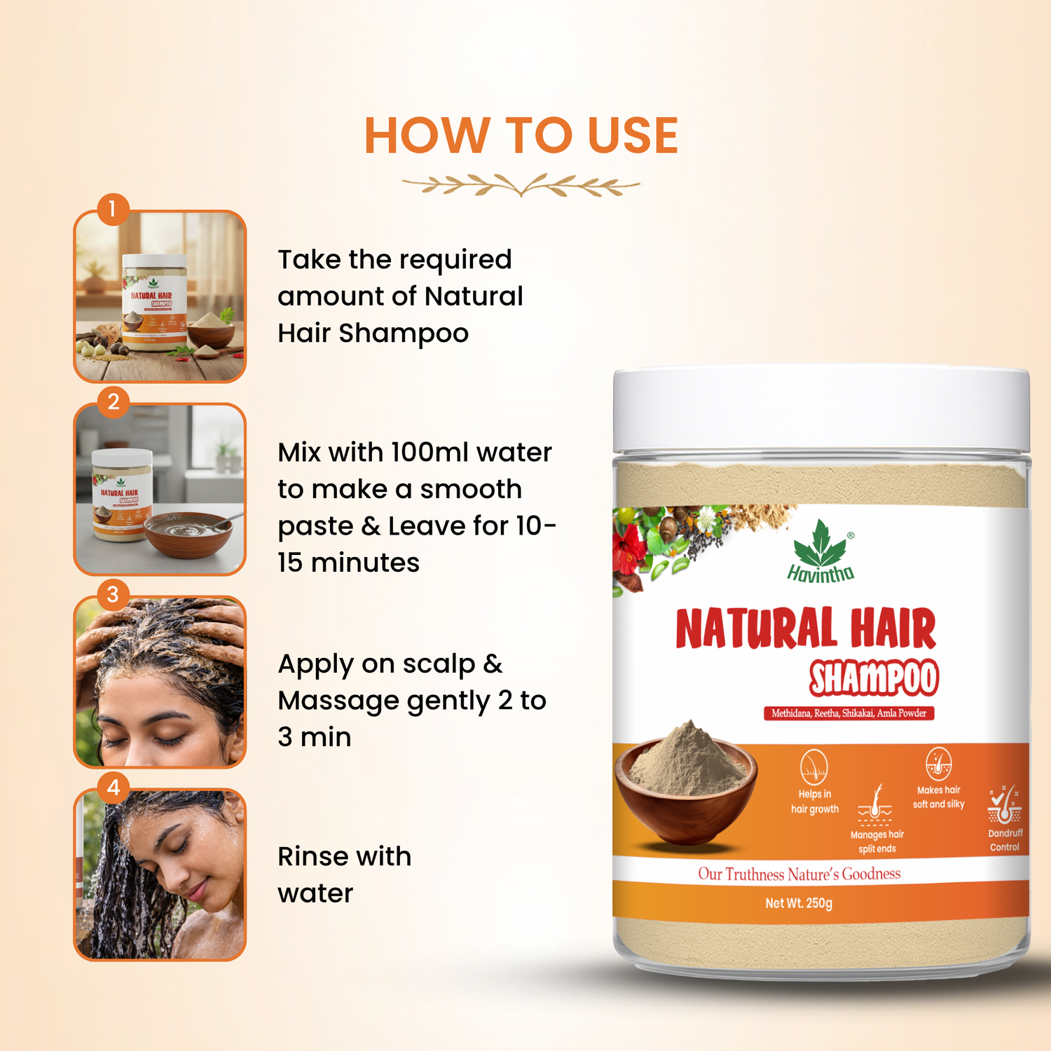 Havintha Natural Hair Shampoo 250g | Hair Fall Control | Herbal Formula with Methi, Amla, Reetha &amp; Shikakai