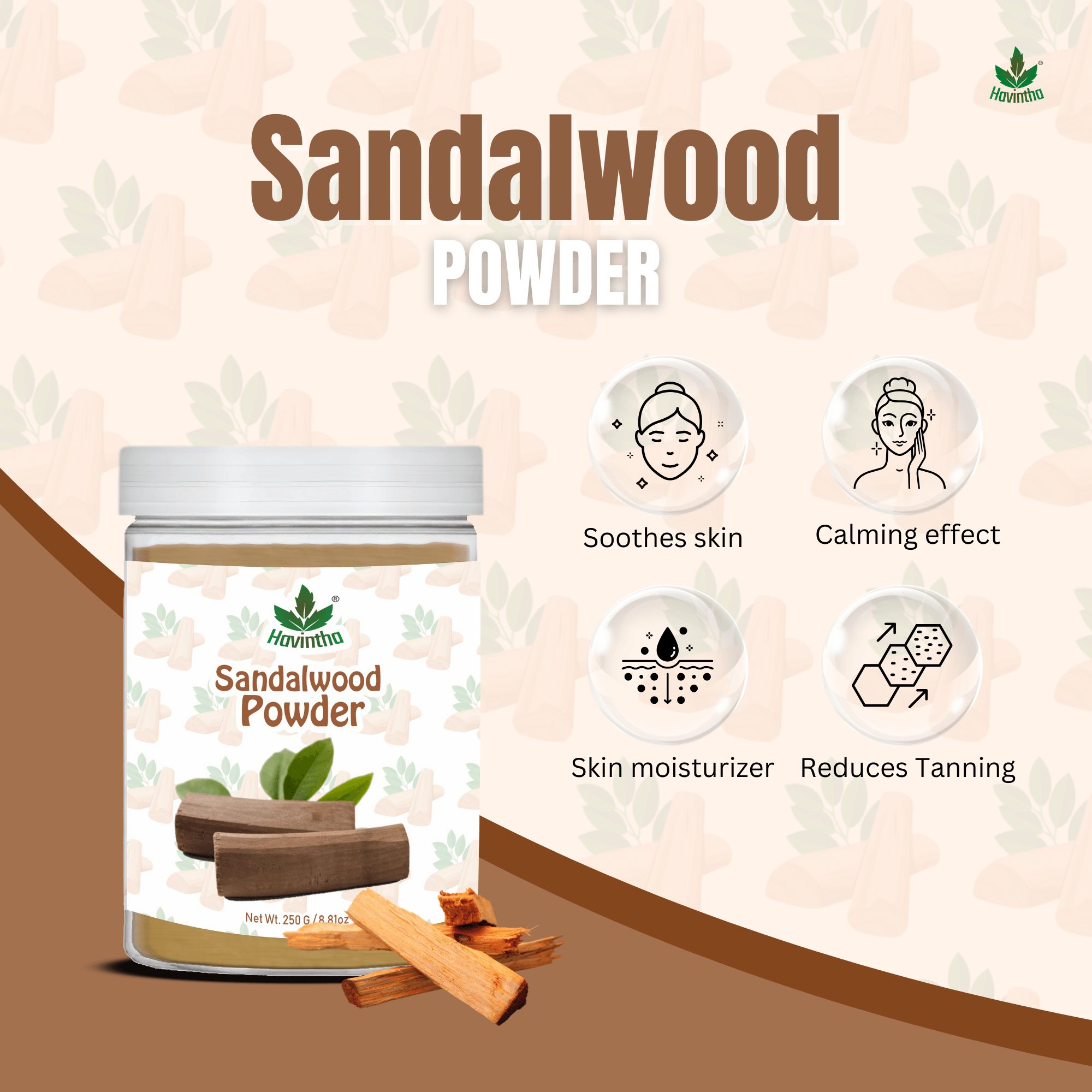 Havintha Sandalwood powder for Glowing Skin | Natural Skin Care | Pure &amp; Natural Skin Care | 250 Grams (JAR)