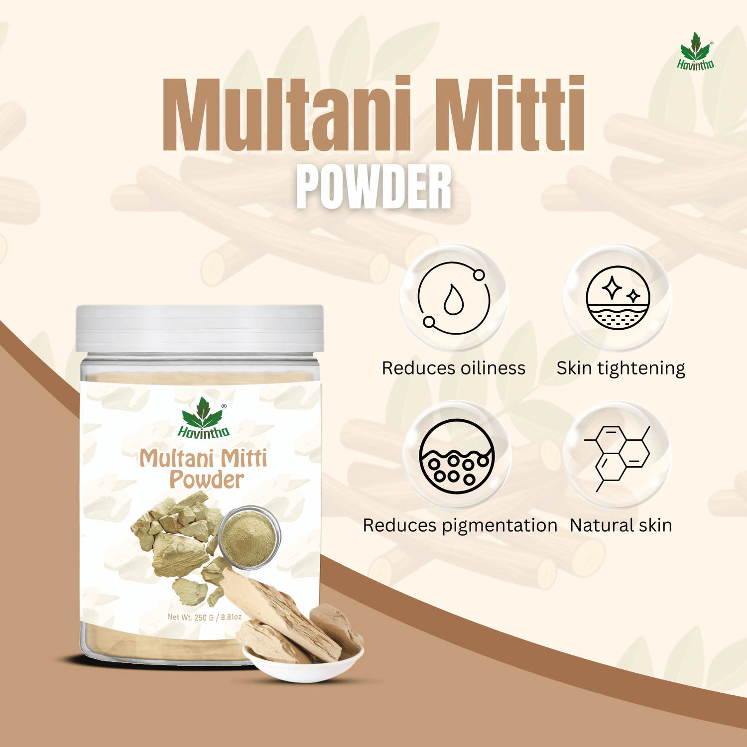 Havintha Natural Multani Mitti Powder | Natural Face Pack &amp; Skin Care | 250 Grams (JAR)