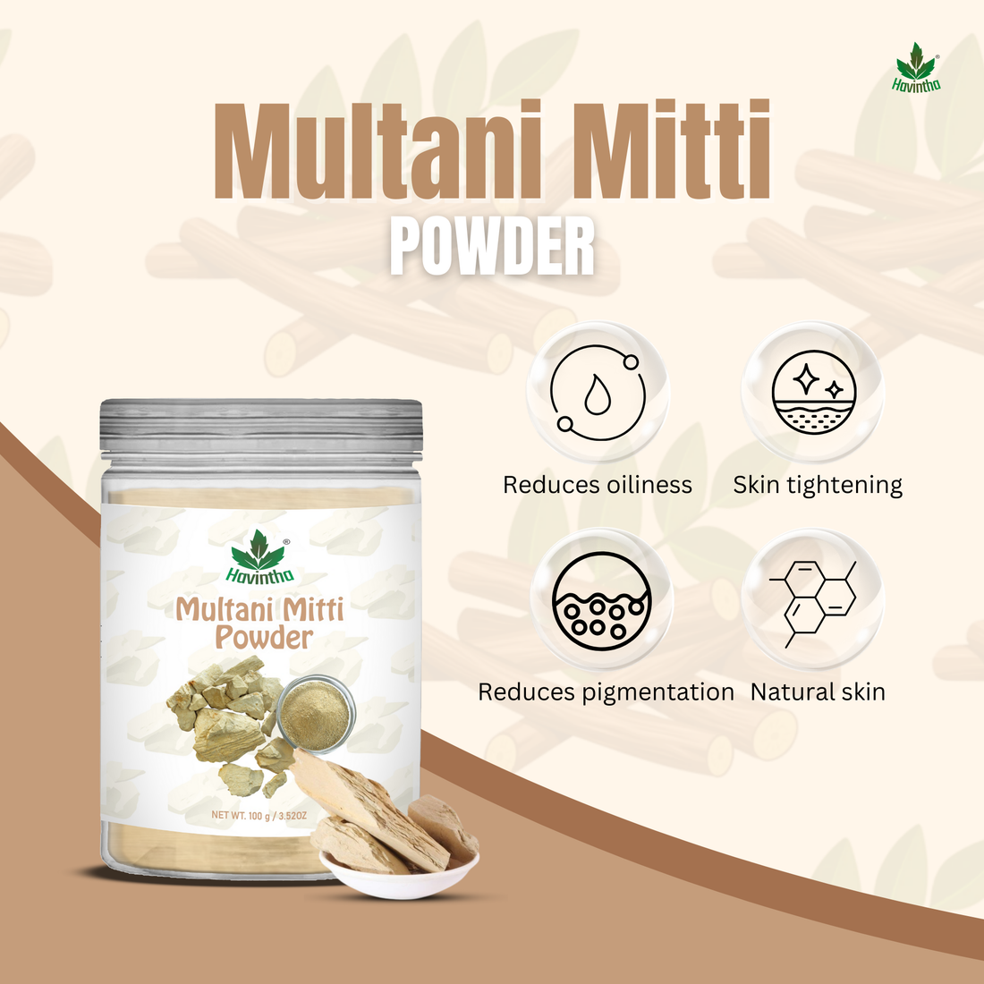 Havintha Natural Multani Mitti Powder | Natural Face Pack &amp; Skin Care | 250 Grams (JAR)