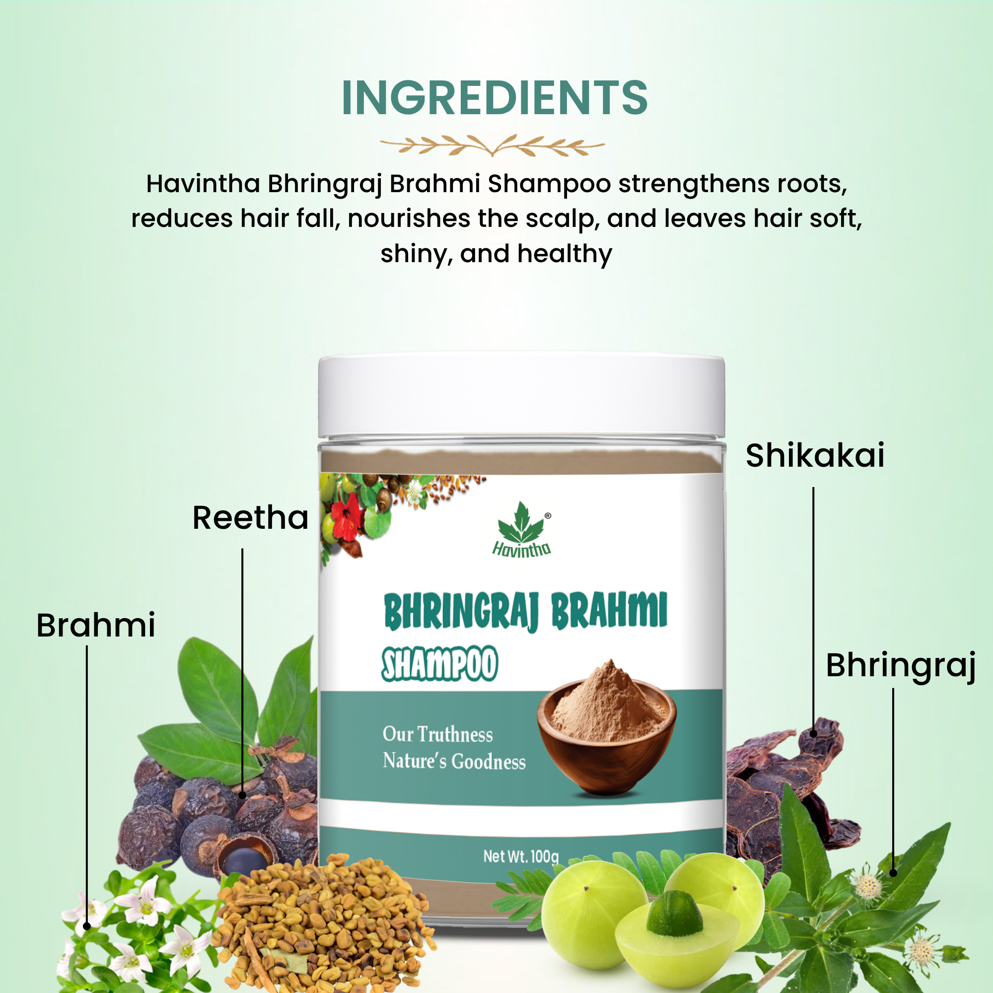 Natural Bhringraj and Brahmi Powder Shampoo | Fights Dandruff &amp; Deeply Moisturizes Hair | Men &amp; Women (227g)