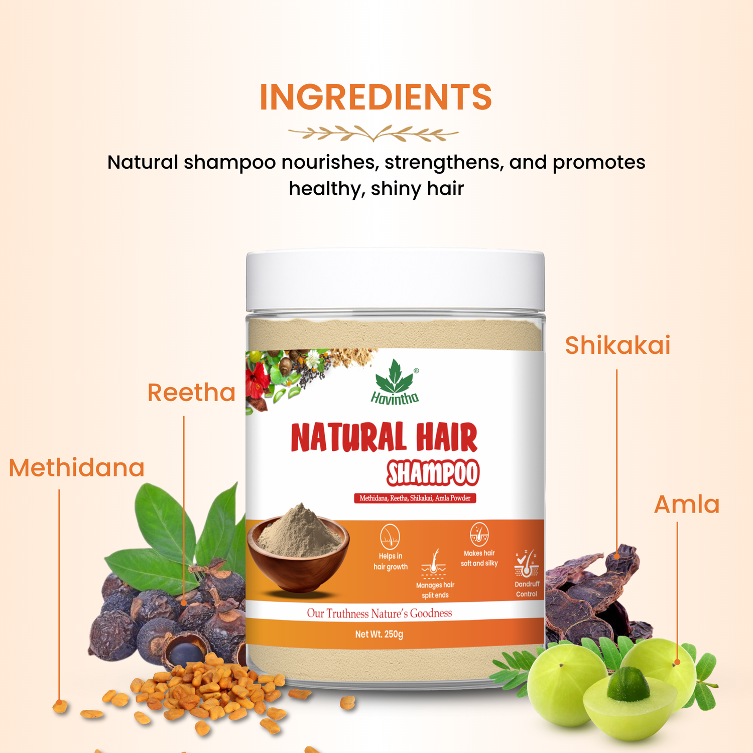 Havintha Natural Hair Shampoo 250g | Hair Fall Control | Herbal Formula with Methi, Amla, Reetha &amp; Shikakai