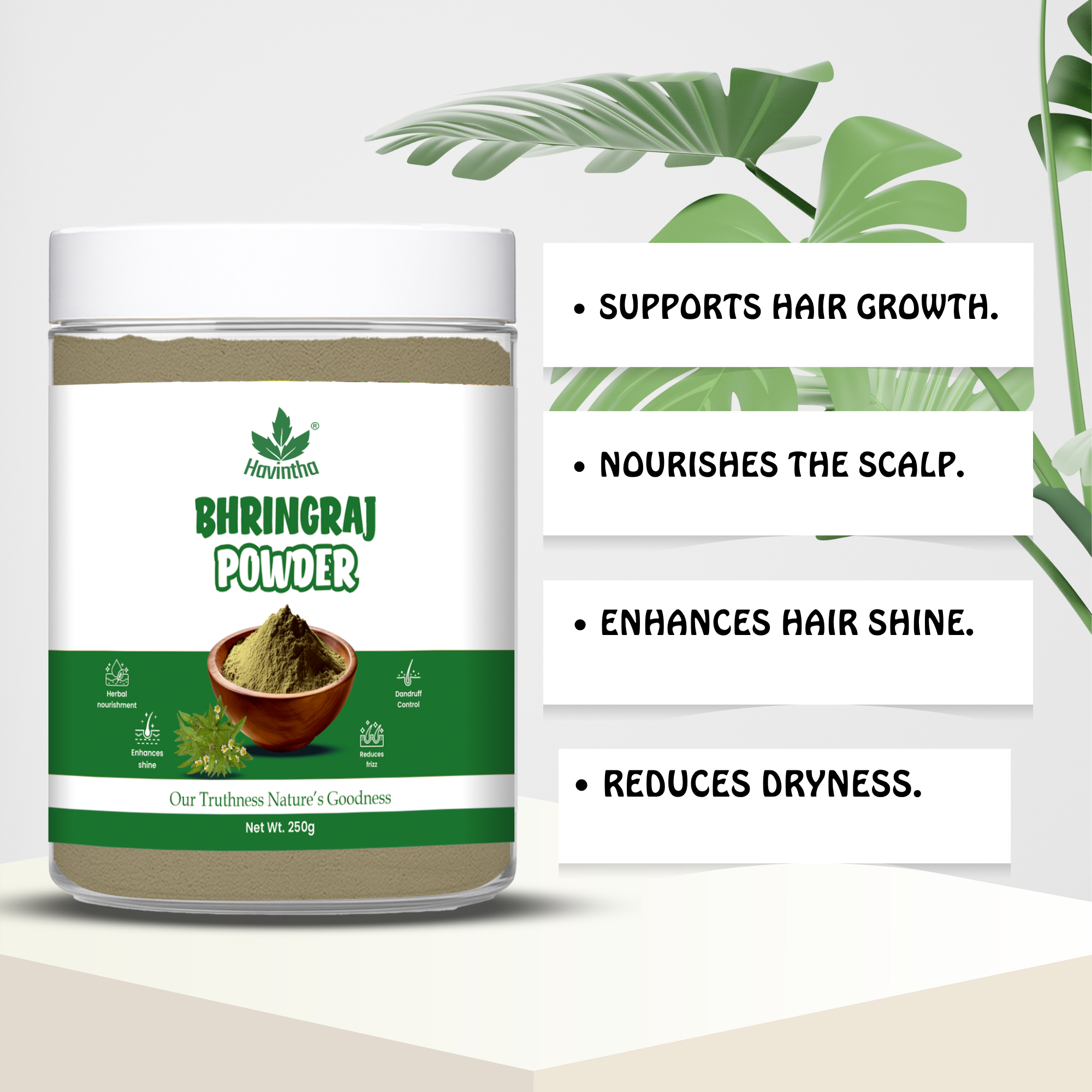 Havintha Natural Bhringraj Powder | For Strong &amp; Silky Hair | 250 Grams (JAR)