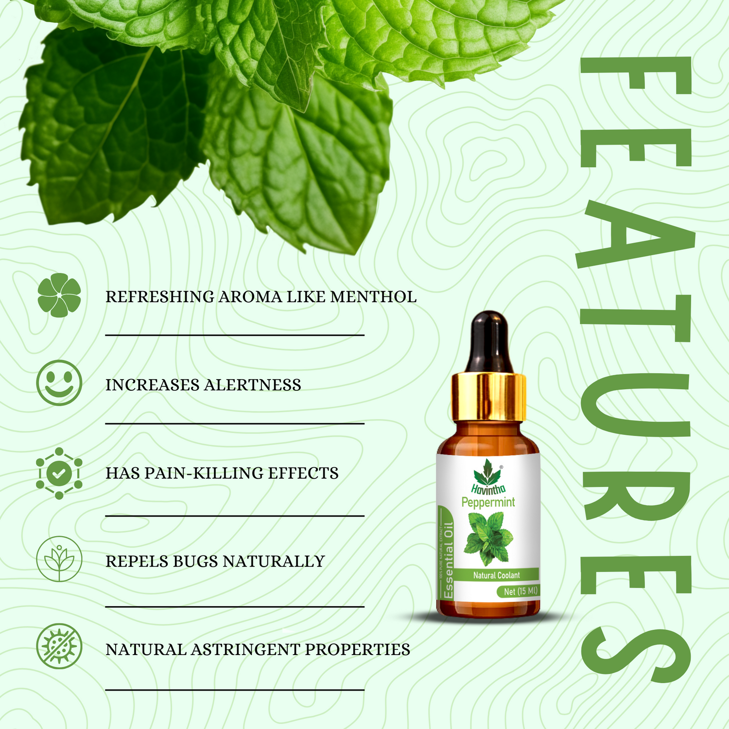 Havintha Peppermint Essential Oil (Mentha piperita) Pure Aroma for Skin, Hair and Aromatherapy For Cold and Congestion - 15ml.