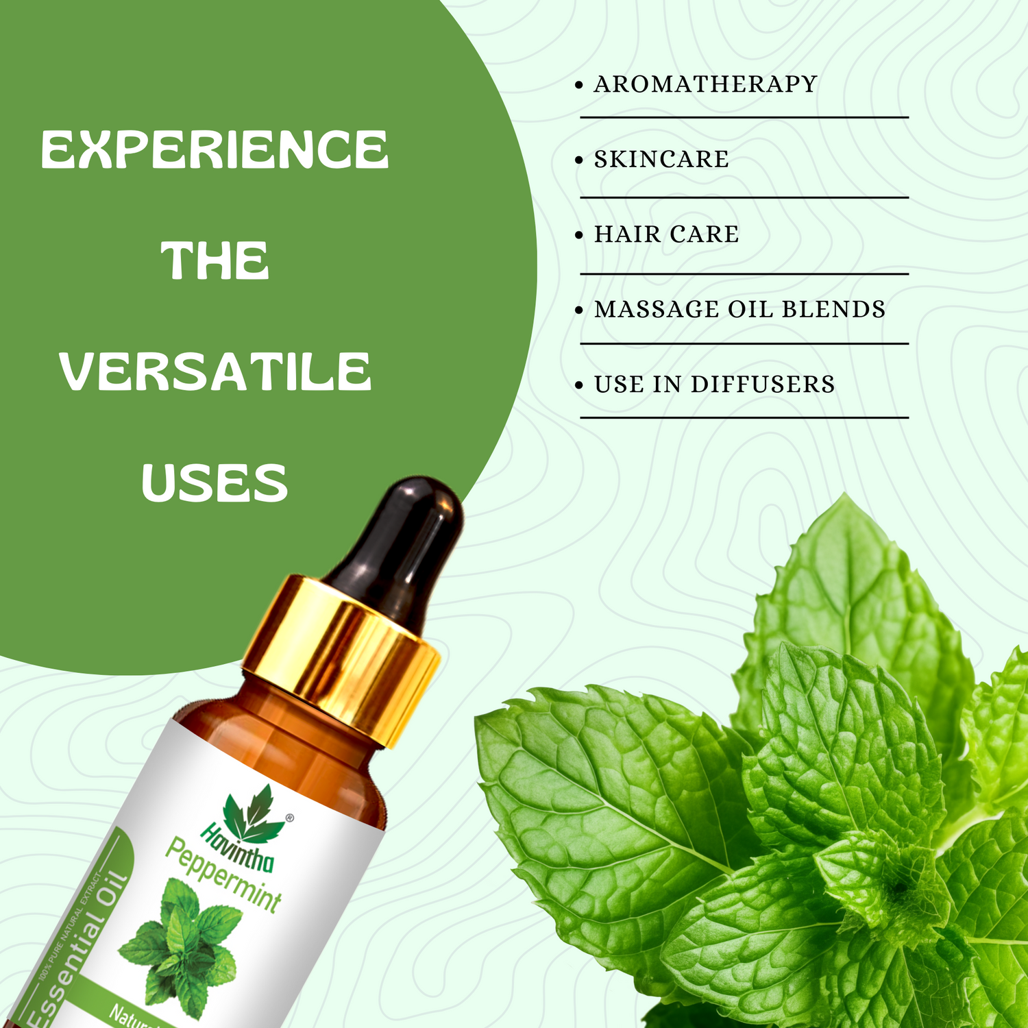 Havintha Peppermint Essential Oil (Mentha piperita) Pure Aroma for Skin, Hair and Aromatherapy For Cold and Congestion - 15ml.