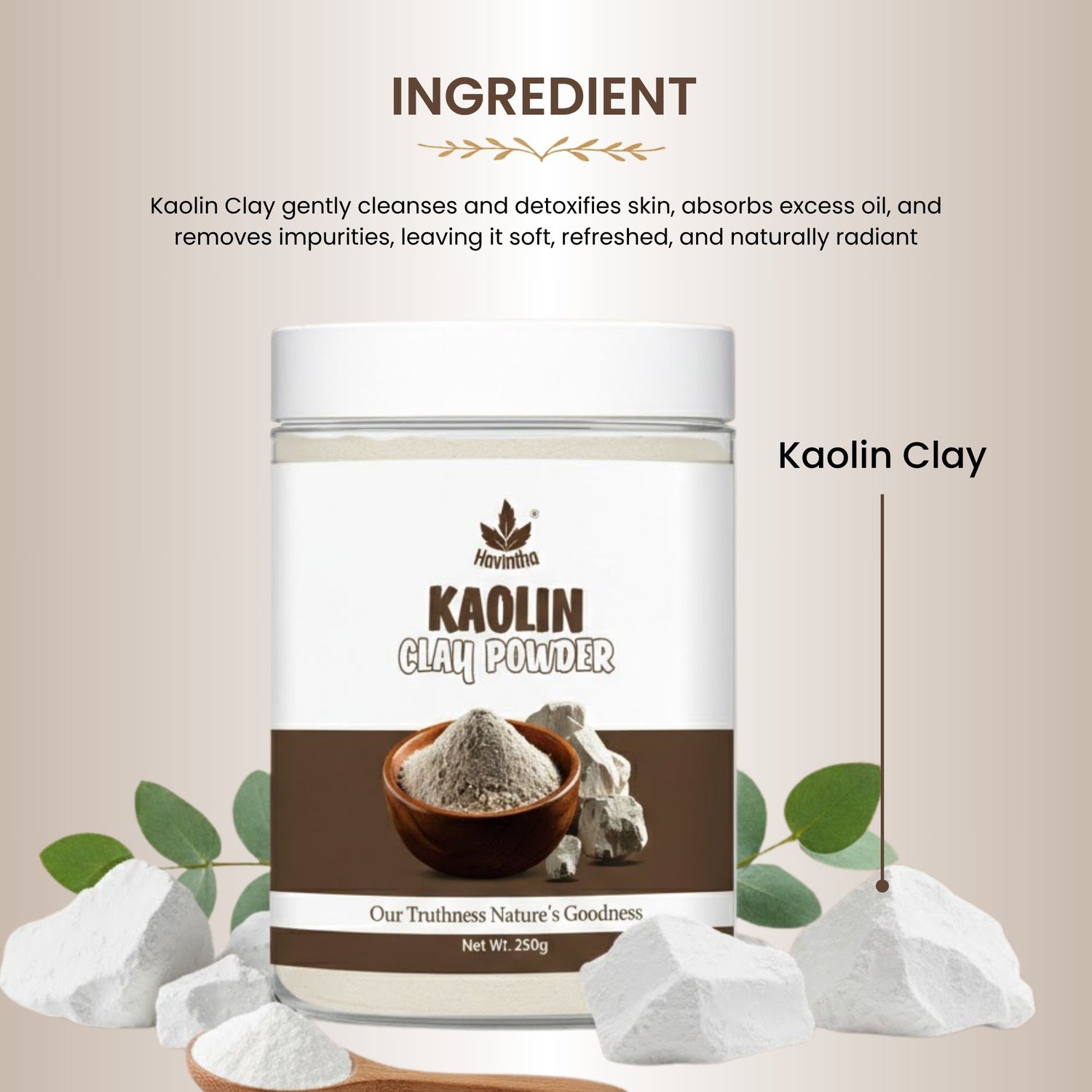 Havintha Kaolin Clay Powder 250g – Pure &amp; Natural Face Mask for Skin &amp; Hair | Deep Pore Cleansing, Oil Control &amp; Gentle Exfoliation | Helps Reduce Acne, Blackheads &amp; Uneven Skin Tone | For Men &amp; Women