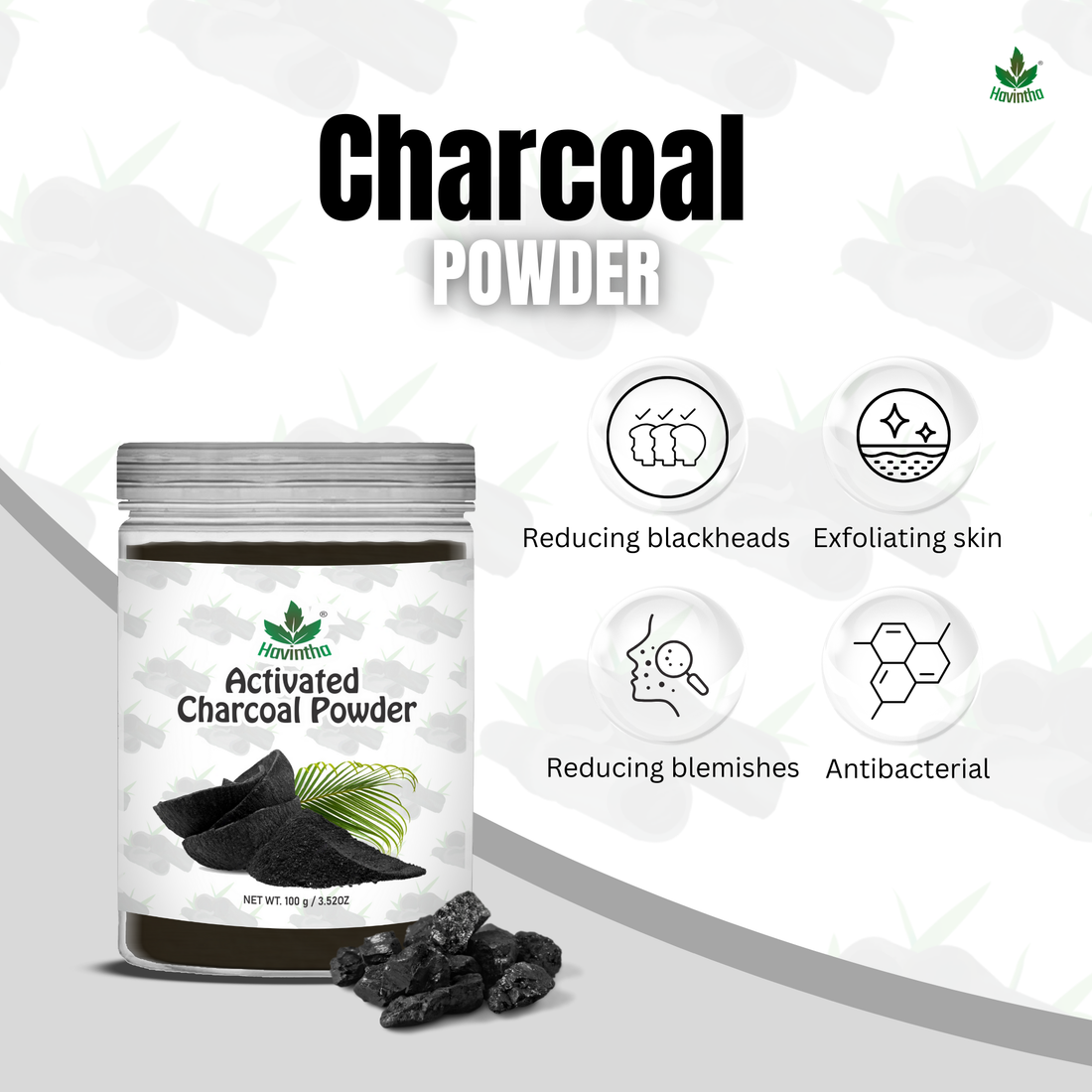 Havintha Activated Charcoal Powder | 100% Natural for Face &amp; Body | 250 Grams (JAR)